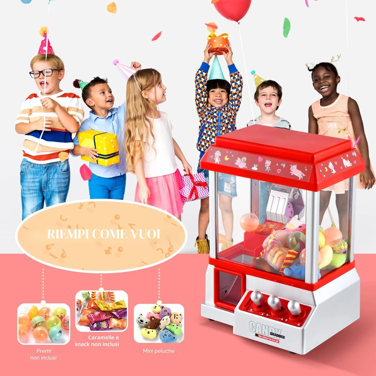 Macchina ad Artiglio per Bambini Caramelle Machine con 10 Bambole 24 Valuta di Gioco Mini Macchina per Artigli Grabber per Ragazzi e Ragazze