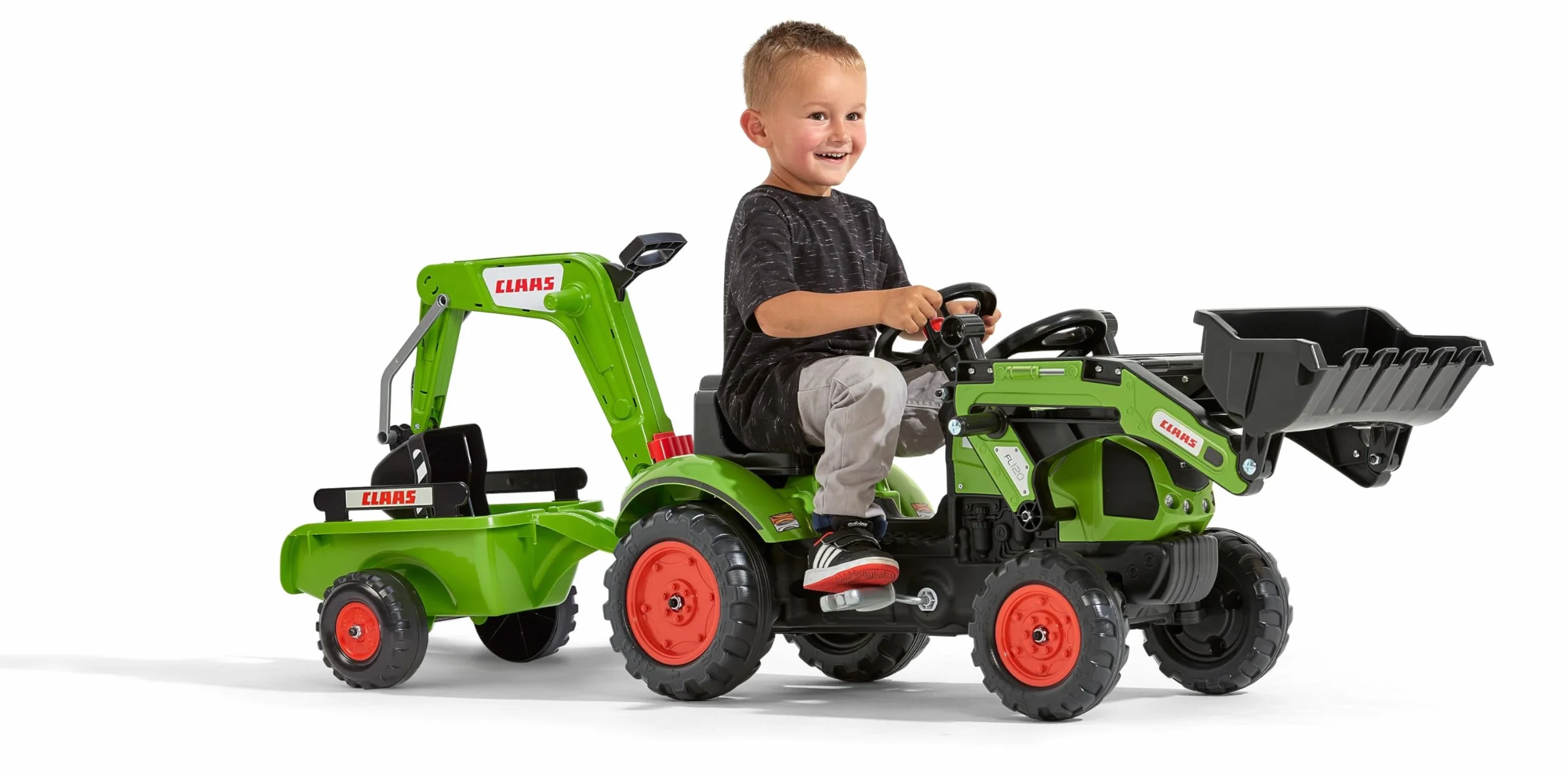 FALK Retroescavatore a pedali Claas con escavatore e rimorchio - Made in France - 2040N