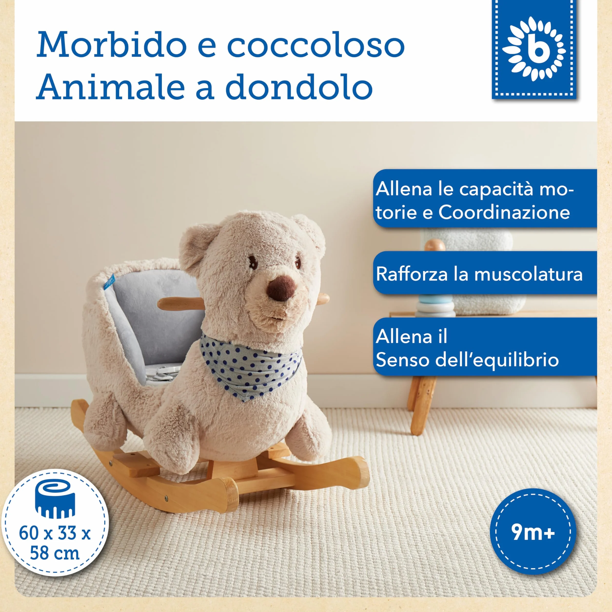 Bieco 74002111 - Dondolo Peluche Crema Orso Giocattolo, Sedia a Dondolo per Bambini con Struttura in Legno, Seduta e Schienale, Giocattoli a Dondolo, Schaukelbär per Neonati e Bambini da 9m +