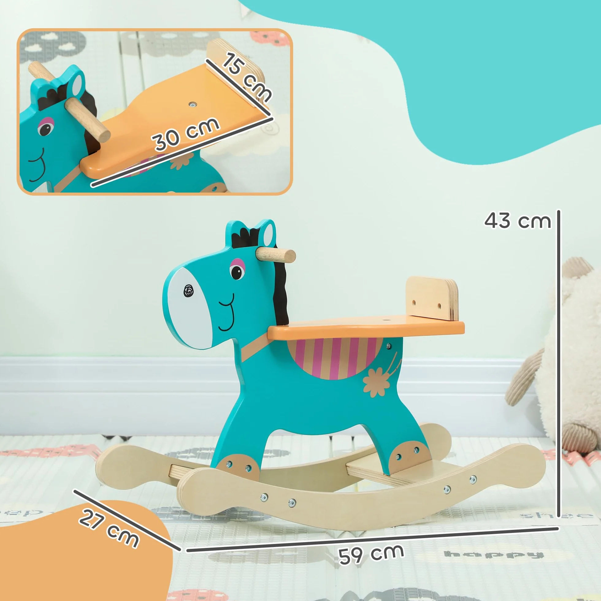 AIYAPLAY Cavallo a Dondolo a Forma di Asino per Bambini 2-5 Anni con Base Larga, Cavallino a Dondolo in Legno compensato, 59x27x43 cm, Verde Scuro e Arancione