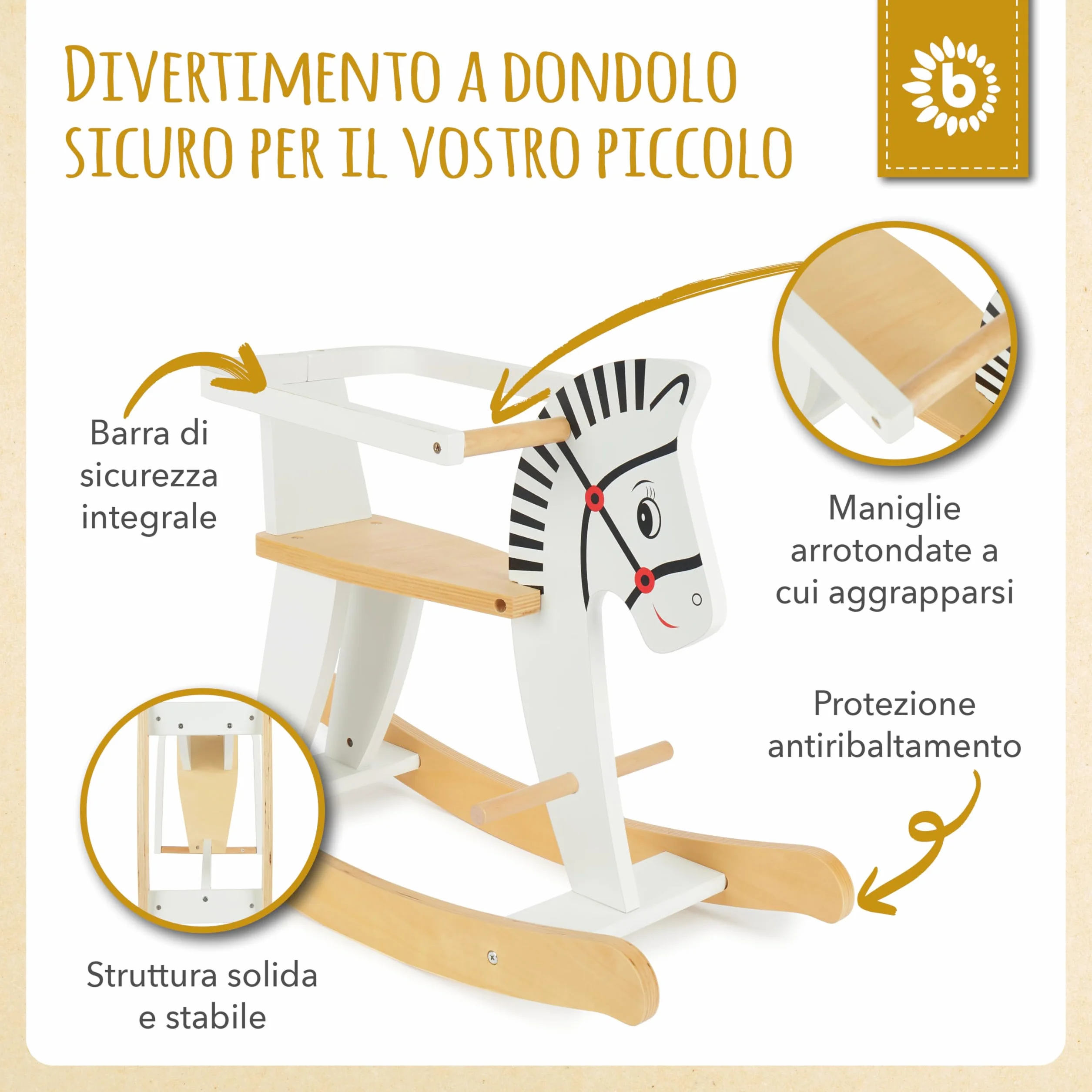 Bieco 74000210 – Cavallo a Dondolo in Legno, 68 x 26.5 x 48 cm, Bianco