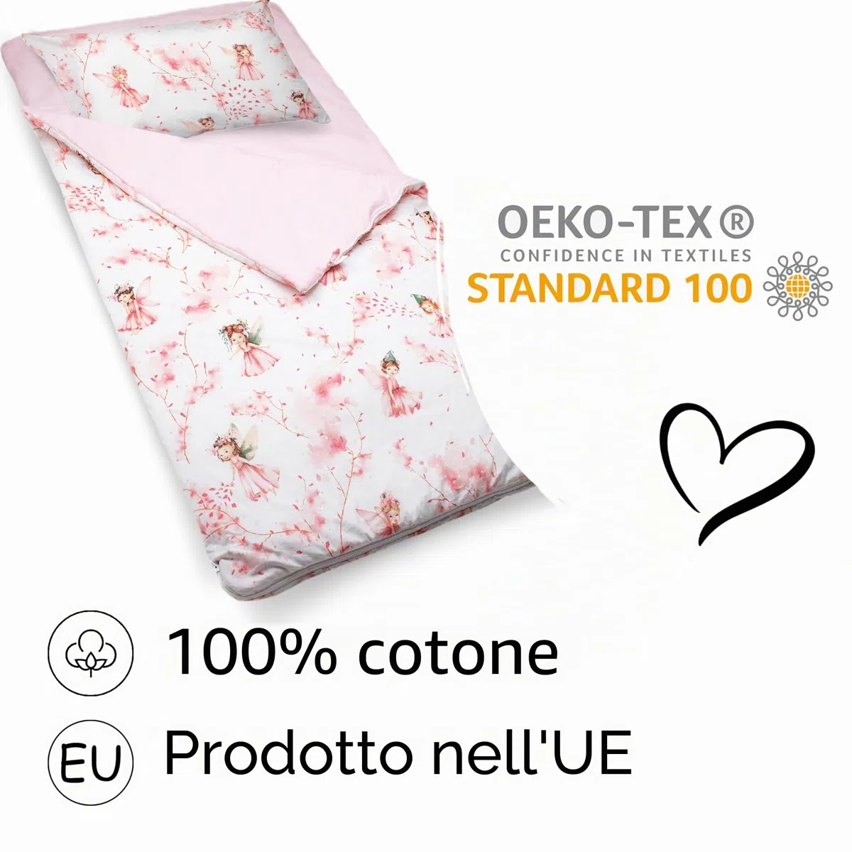 PinkZebra Sacco a Pelo Copriletto, 140 x 75 cm + federa cuscino 60 x 40 cm, per ragazze e ragazzi da 3 a 8 anni (fino a 135 cm di altezza), certificato Oeko-Tex, fata