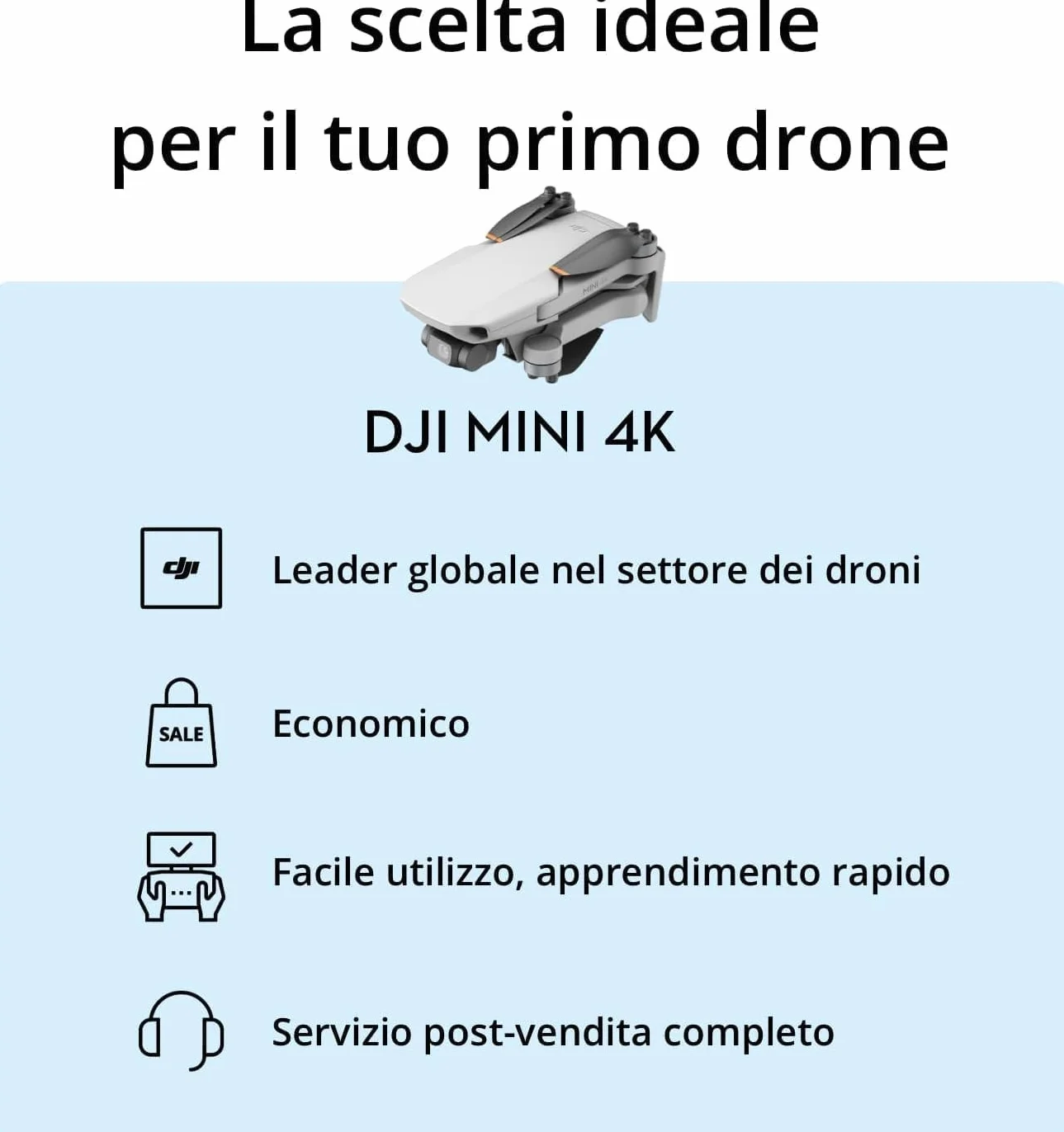 DJI Mini 4K, drone per adulti, fotocamera 4K HD, < 249 g, stabilizzatore 3 assi, trasmissione video 10 km, return automatico, resistenza al vento, 1 batteria per tempo di volo 31', volo intelligente