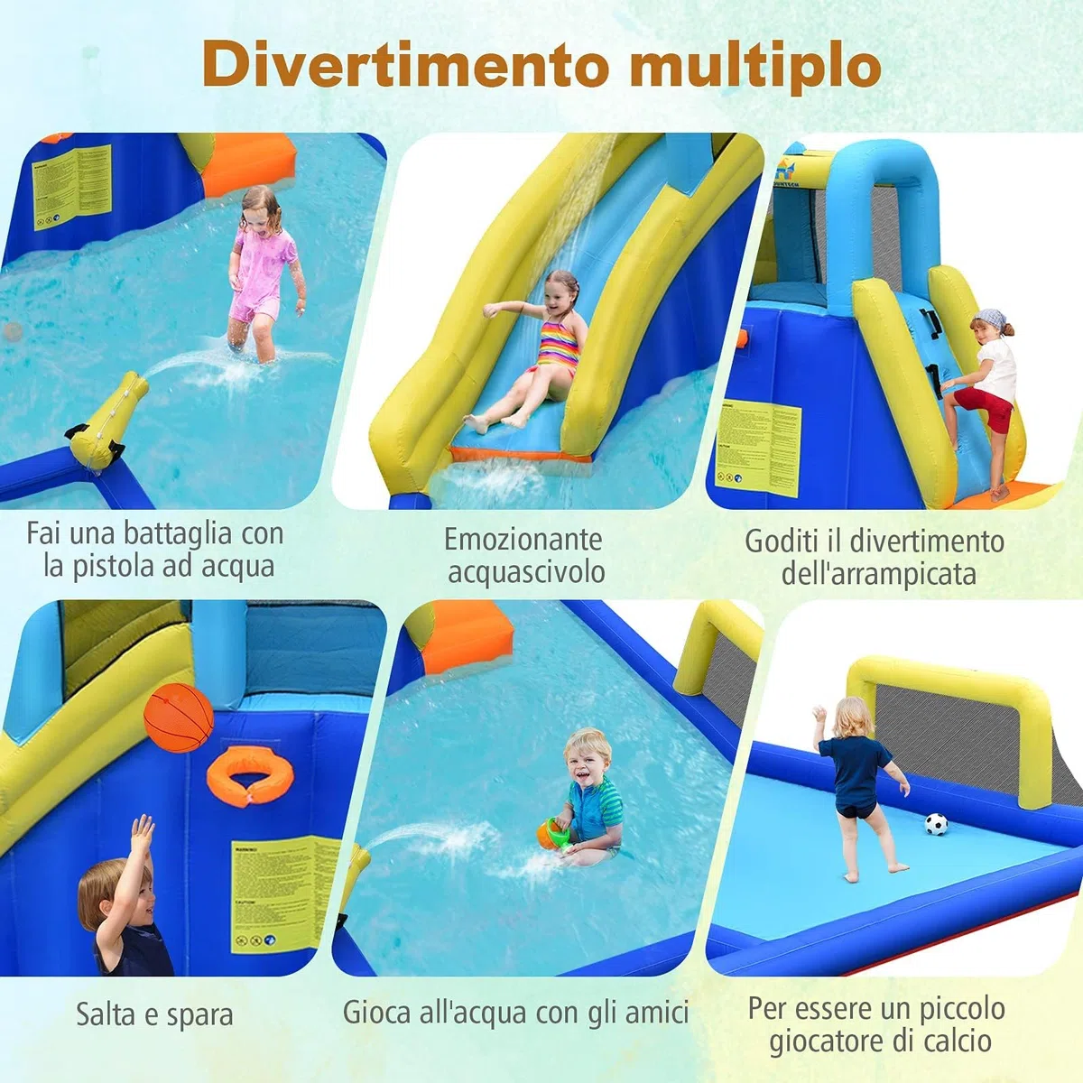 RELAX4LIFE Castello Gonfiabile per Bambini, Piscina Gonfiabile con Trampolino, Scivolo con Salita da Arrampicata e Sottopassaggio, Pieghevole da Esterno (MODELLO 11)
