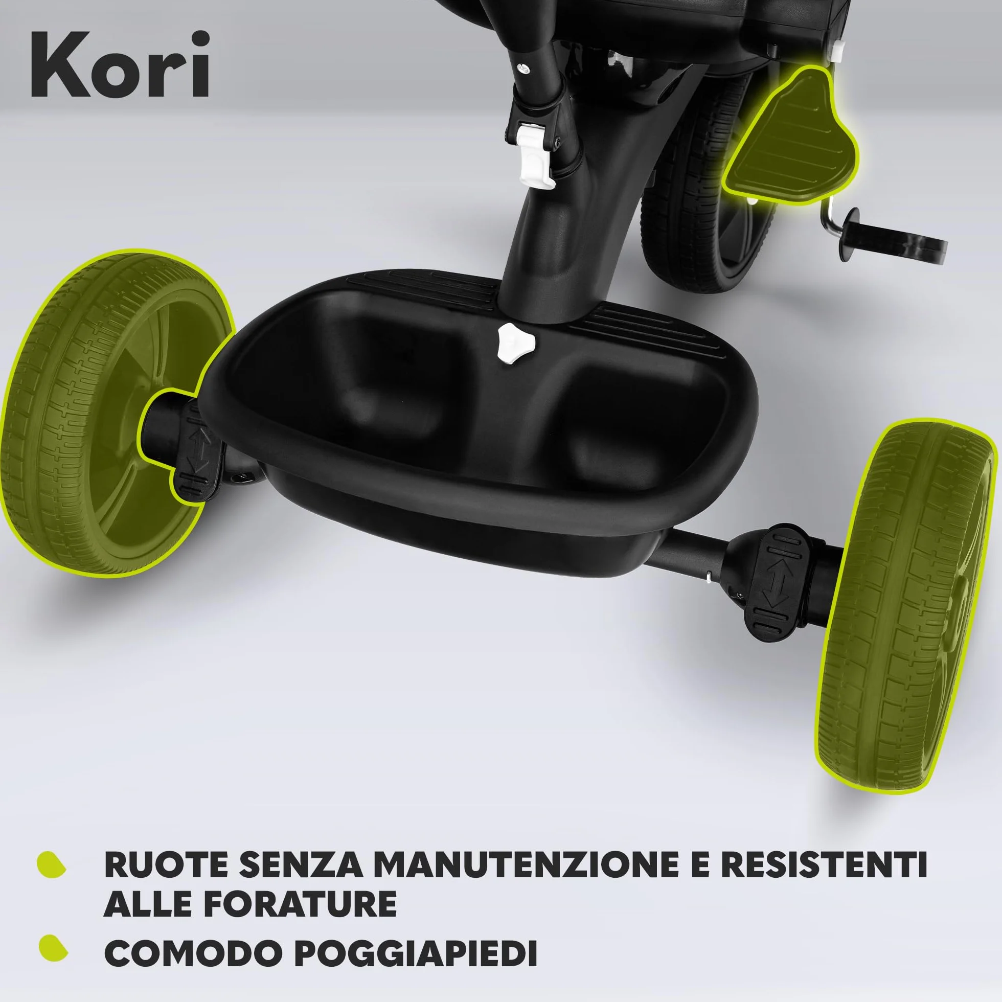 LIONELO Kori Triciclo Evolutivo per Bambini da 1.5 Anni fino a 25 kg Sedile Girevole 360° Telaio ultraleggero in lega di magnesio, Pneumatici resistenti, Maniglione per genitori e Accessori