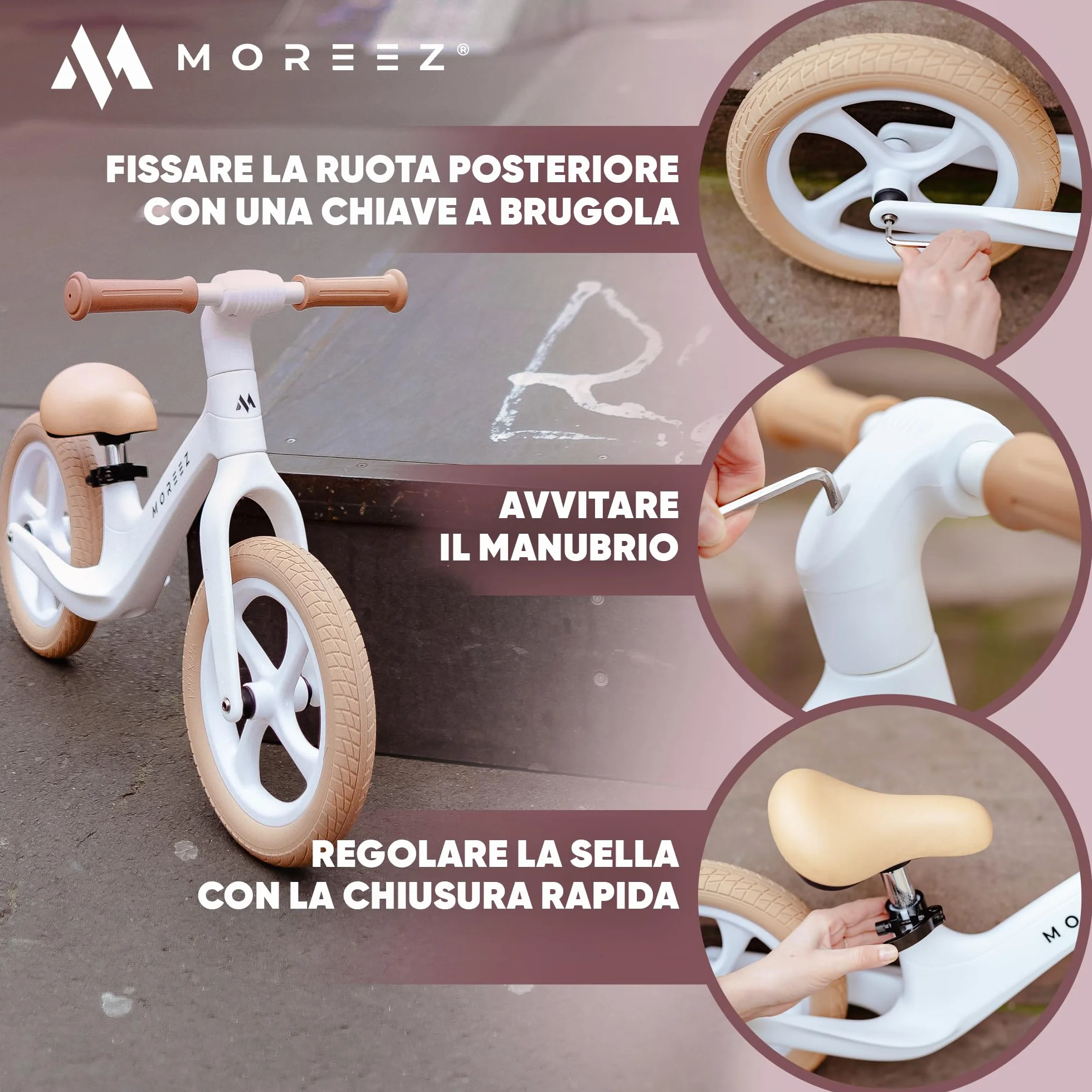 MOREEZ Bicicletta da 2 anni [2-5 anni] ultraleggera per bambini con protezione anticaduta, seduta ergonomica, ruote da 50 kg, poggiapiedi antiscivolo, altezza regolabile
