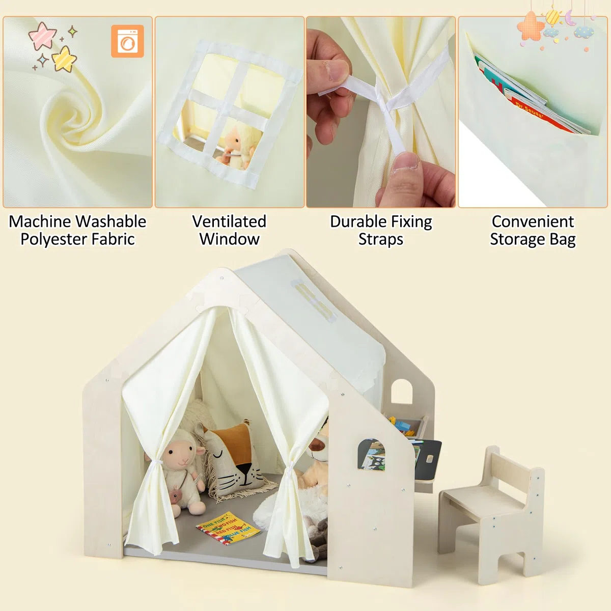HOMASIS 6 in 1 Tenda per Bambini da Interno, Tenda Gioco con Tavolo e Sedia per Bambini, Casa da Gioco con Tappetino, Lavagna, Scatola Portagiochi (1 Scatola)