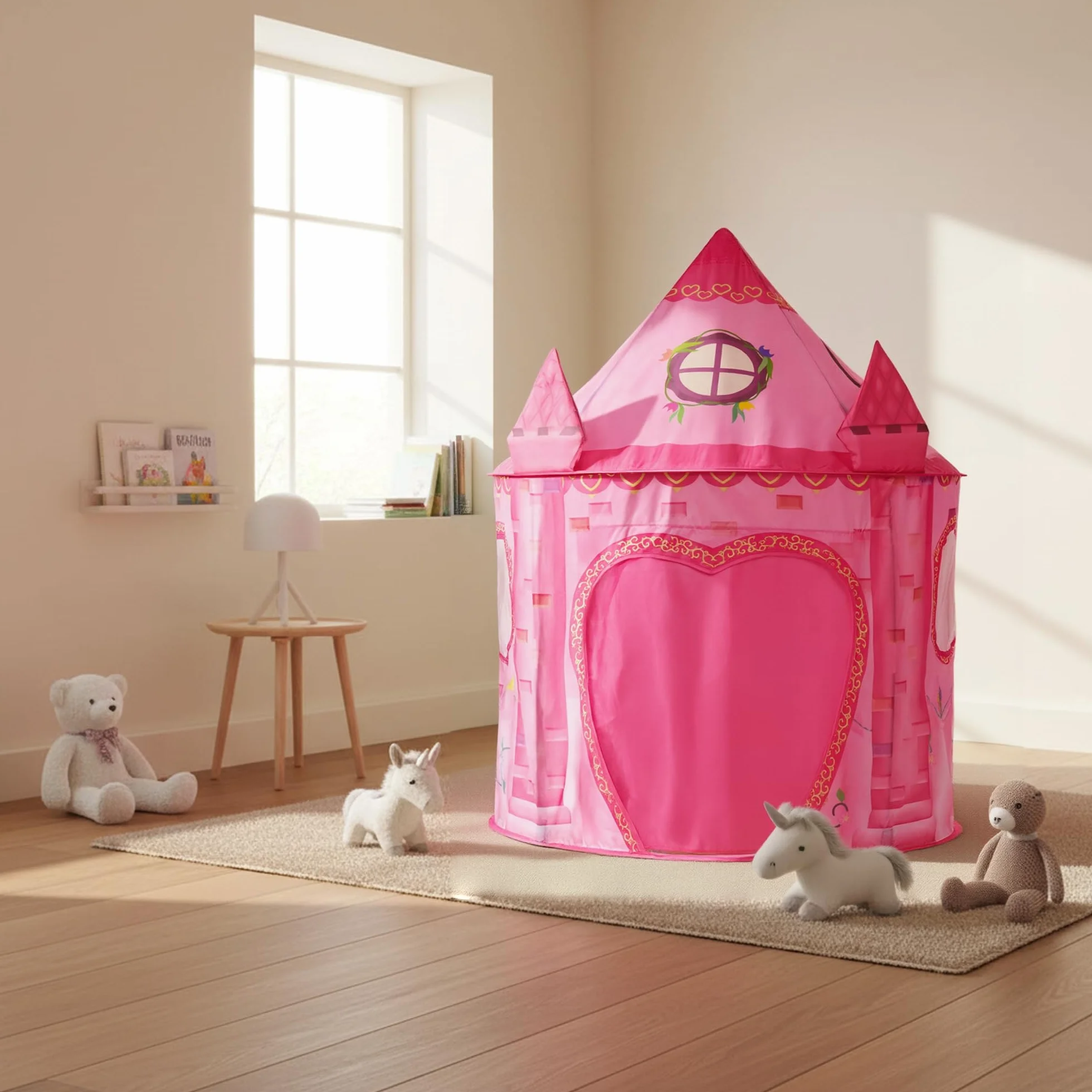 Tenda per bambini castello rosa da interno, pieghevole capanna da gioco