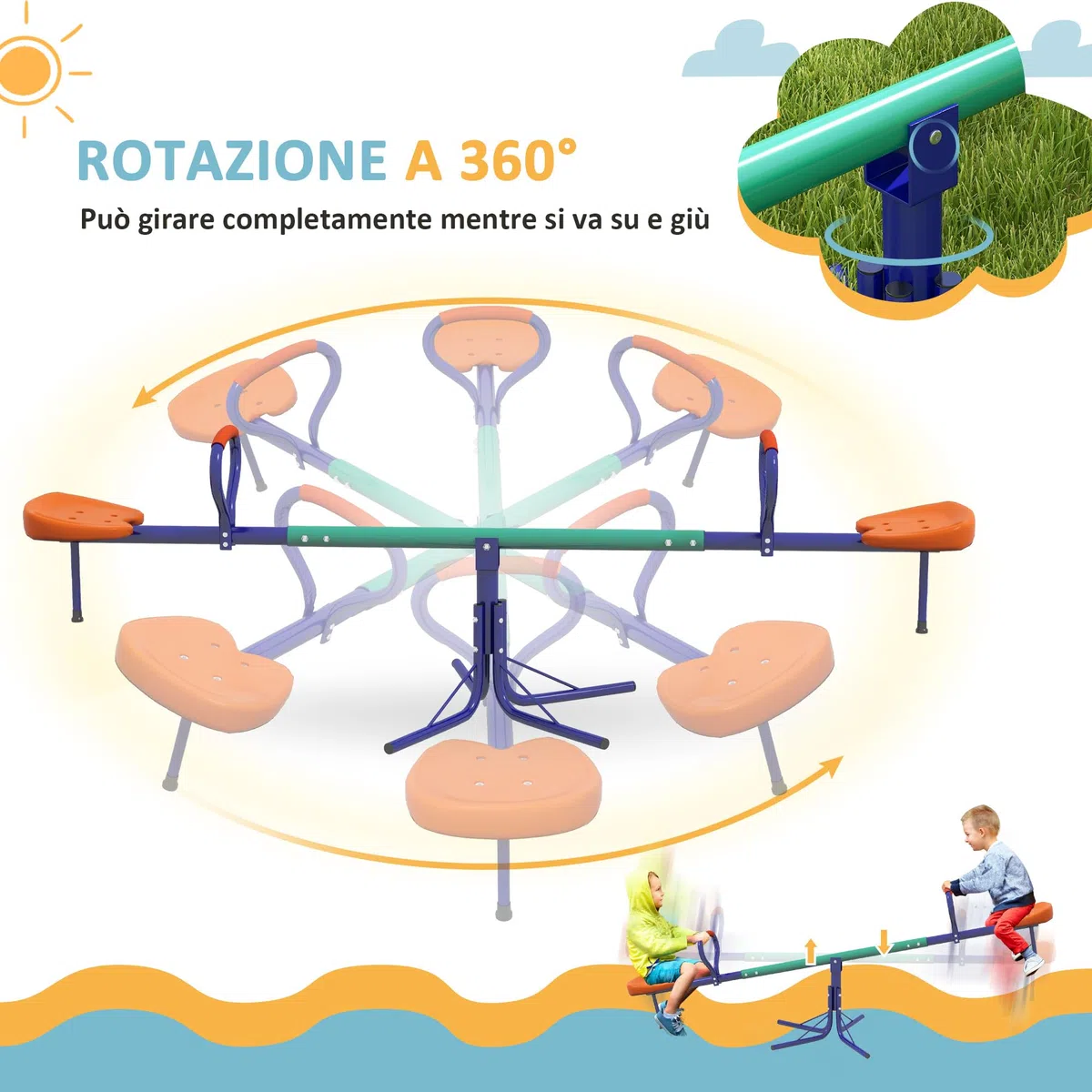 Outsunny Altalena a Bilico per Bambini 3-8 Anni 360° Rotazione Giardino Basculante Acciaio Seggiolini PP 192x60x60 cm Multicolore