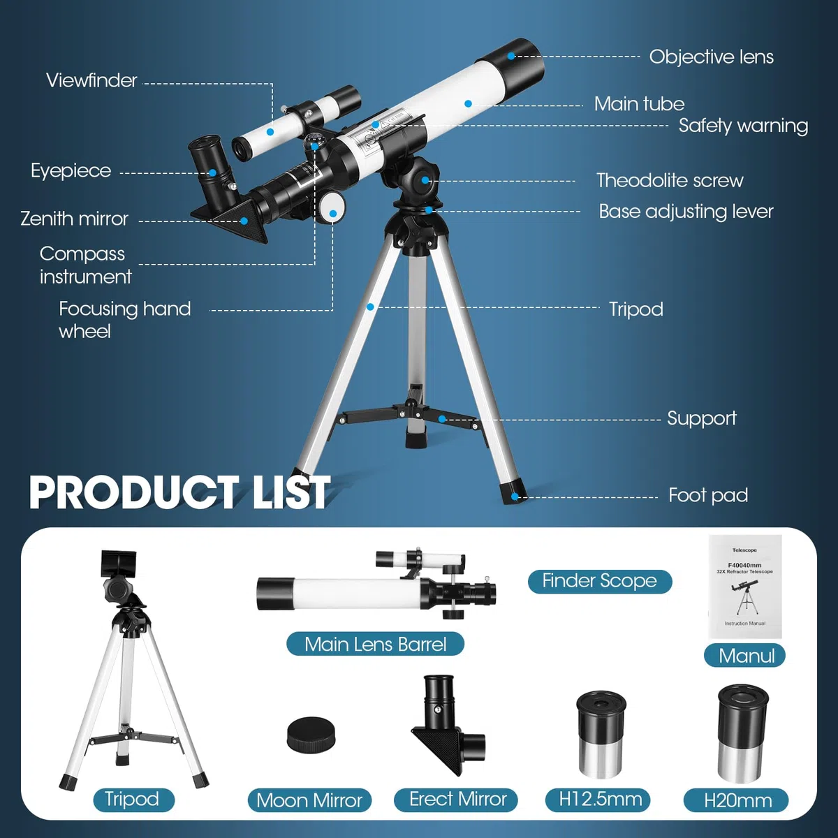 Telescopio Astronomico Per Bambini F40040 - Con Cercatore, Bussola E Treppiede, 20-32X - Per Principianti
