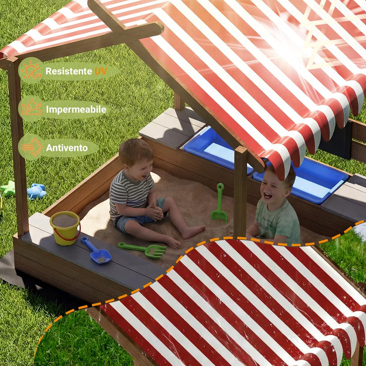MAMIZO Grande Sabbiere da Esterno per Bambini 3-10 anni, Sandbox in Legno con Tetto, Recinto di Sabbia con Lavagna, Rubinetto, 2 Bacinella, Giardini Playhouse per Spiagge, Balconi, 113x116x142 CM