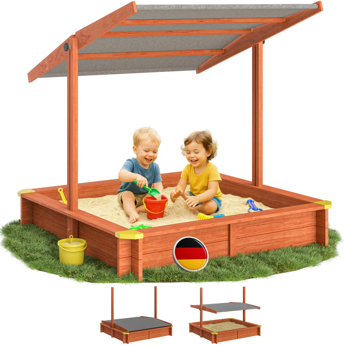 SPIELWERK® Sabbiera con Tetto 140x140cm Protezione UV 50 Legno Ecologico Sandbox per Bambini Gioco Esterno Playhouse