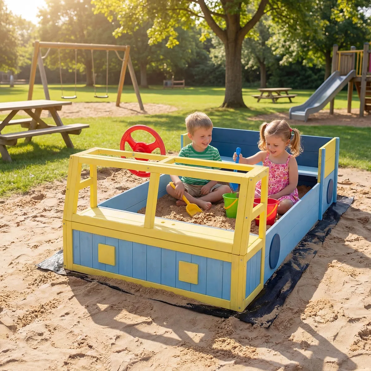 HOMASIS Sabbiera per Bambini a Forma di Camion dei Pompieri, Sabbiera da Esterno con Panca, Contenitore Portaoggetti Nascosto, Rivestimento, Sandbox per bambini 18+ Mesi, 170 x 100 x 48 cm
