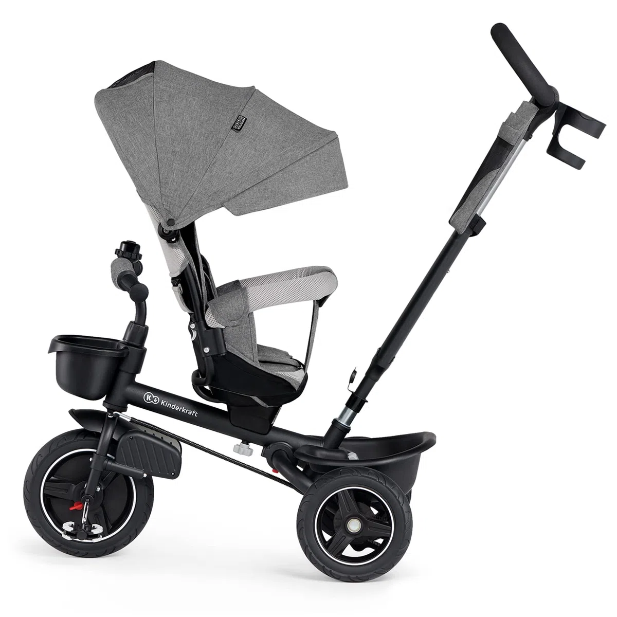 Kinderkraft SPINSTEP Triciclo bambini dai 9 Mesi con Maniglione, Cappottina impermeabile con filtro UPF50+, Pieghevole, Seduta girevole a 360 gradi, Grigio