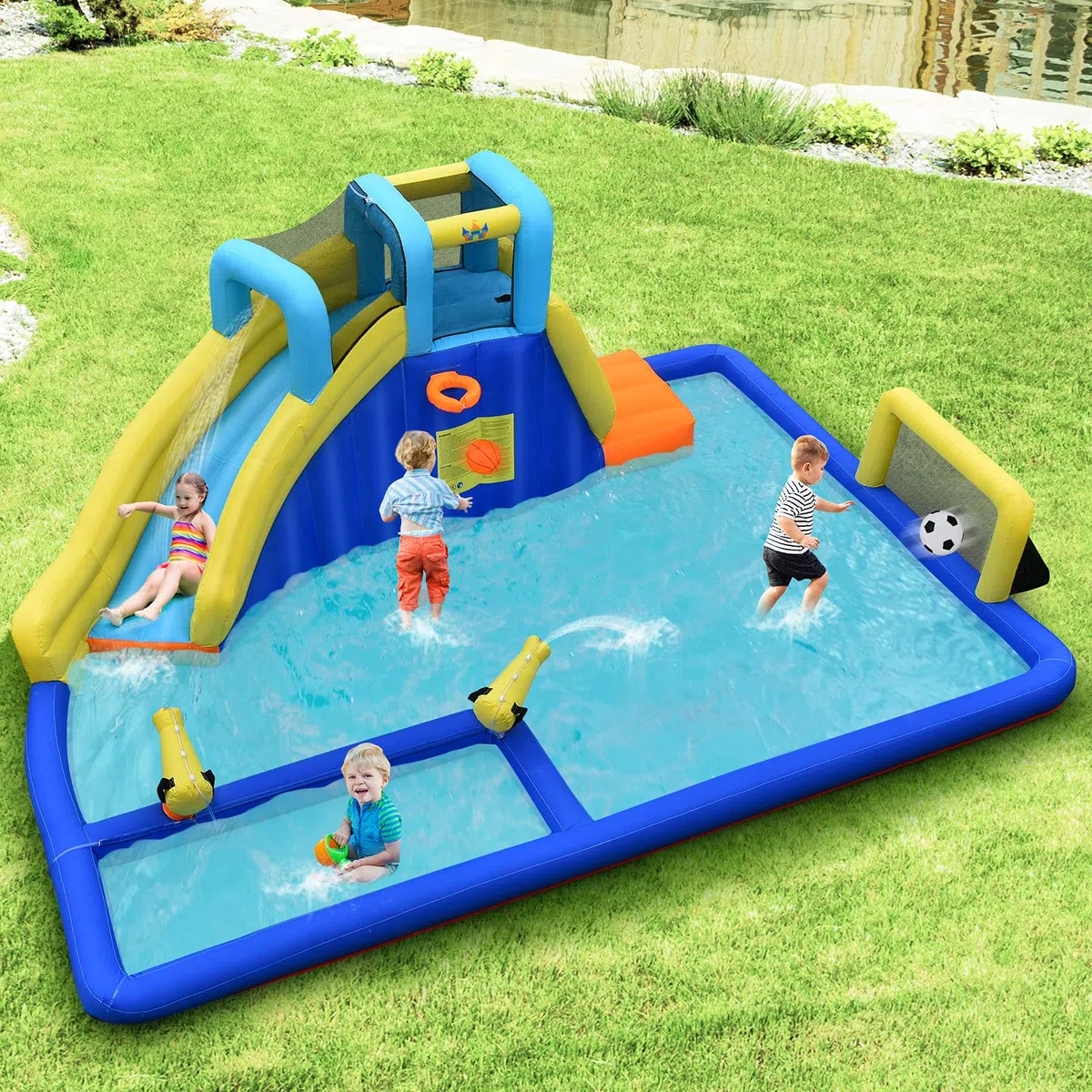 COSTWAY Castello Gonfiabile Per Bambini, Con Scivoli, Muro da Arrampicata e Piscina, Per 3 Bambini 3-10 Anni, Con Borsa di Trasporto e Kit Riparazione (Con soffiatore)