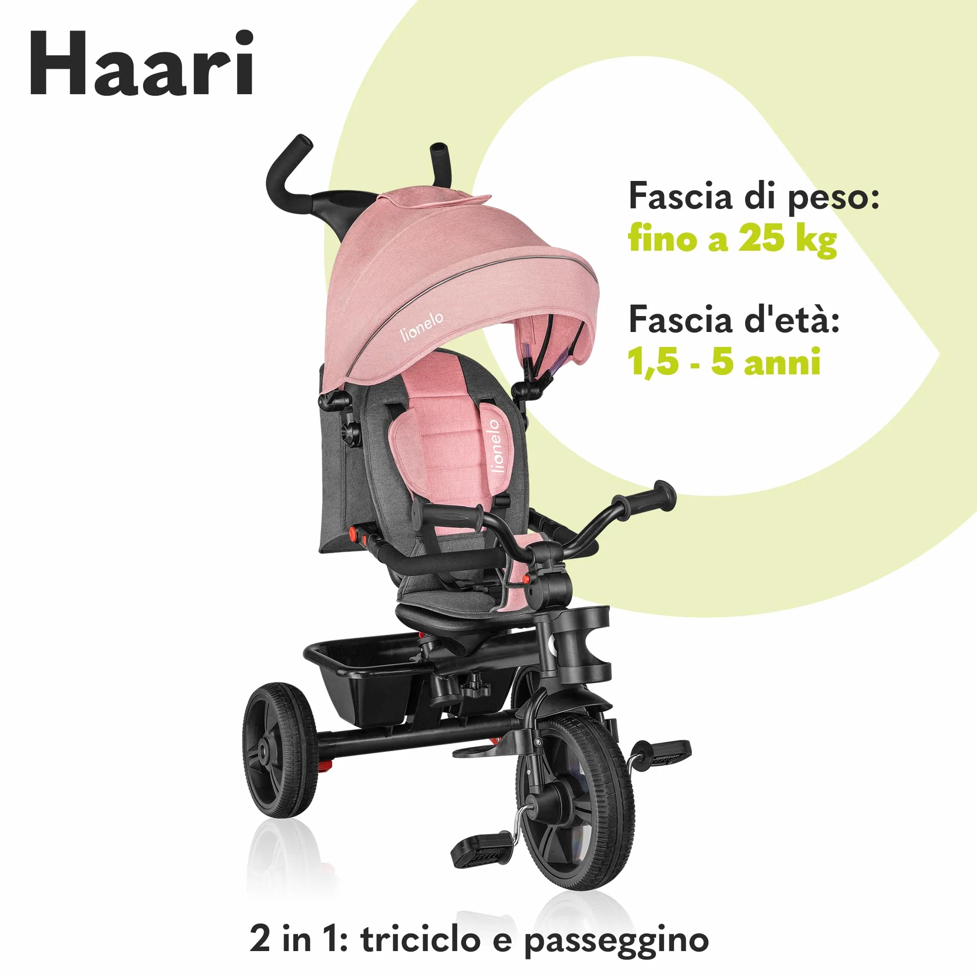 Lionelo Haari 2 in 1 Triciclo bici e passeggino fino a 25kg, Pieghevole, Fronte mamma e fronte strada, Regorabile compatto con Borsa e portabibite, Cinture a 3punti Triciclo per bambini da 1 a 5 anni