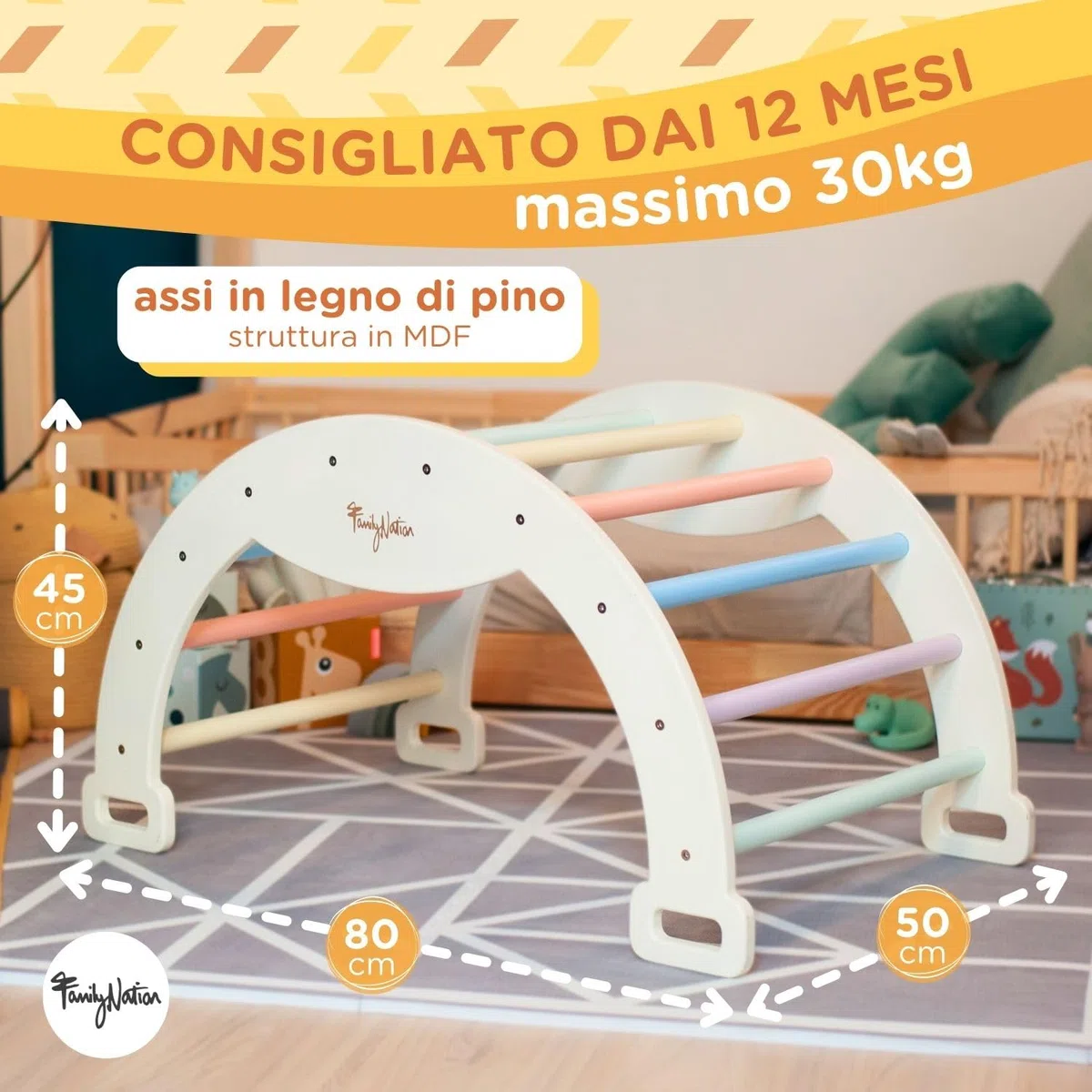 Arco Montessoriano in Legno 45x80x50 cm per Bambini 1 Anno Arrampicata e Dondolo
