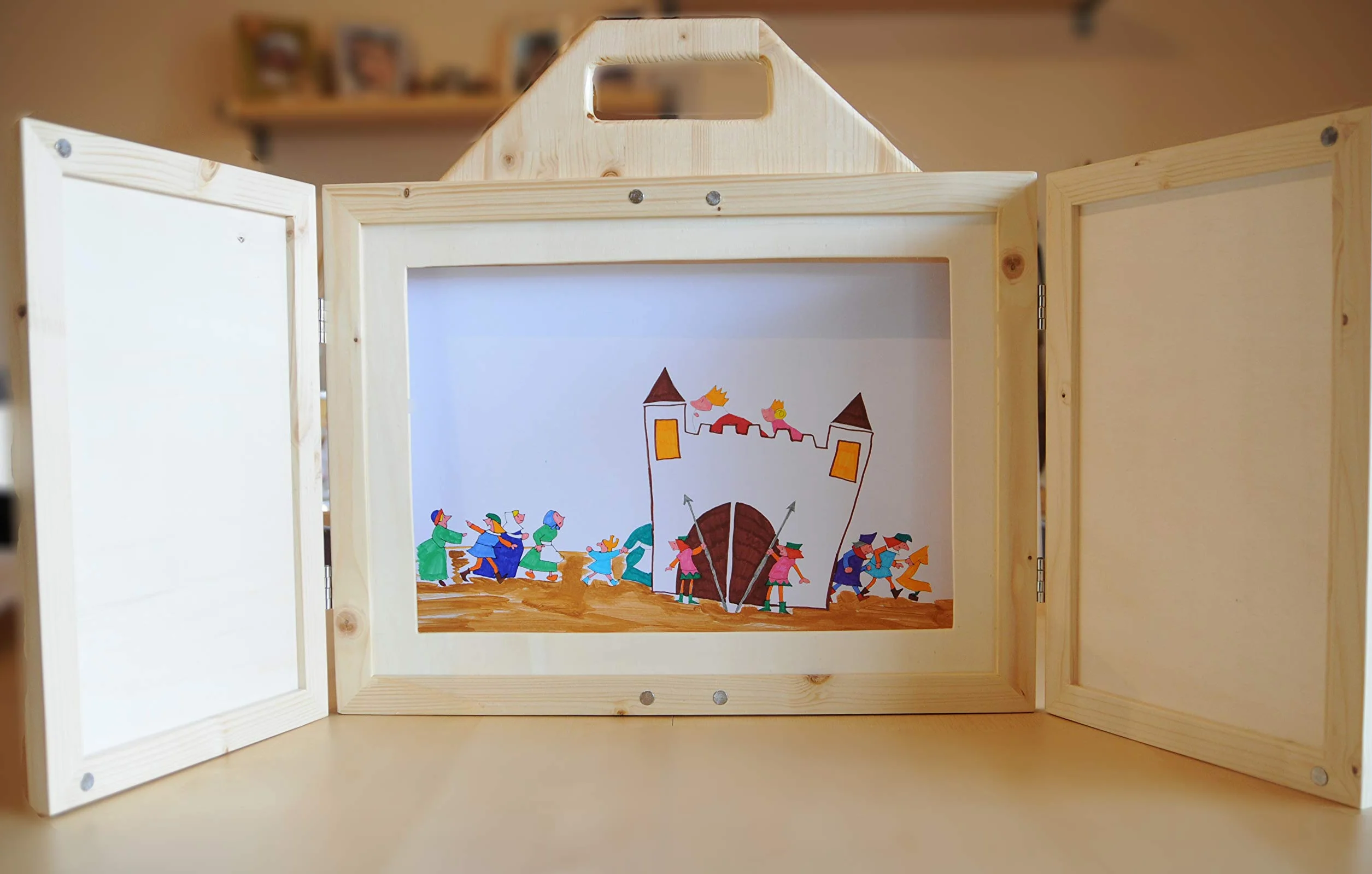 Teatrino in Legno fatto a Mano. Kamishibai. Gioco portatile per Bambini con Teatro Giapponese delle Ombre per Marionette. Japanese Paper Theater Handmade.