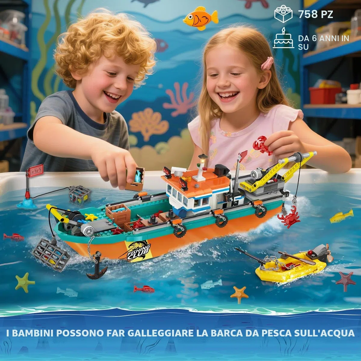 HiWEEGO Città barca da pesca cantiere navale – kit costruzione galleggiante oceano gru container, giocattolo regalo compleanno 6 7 8+
