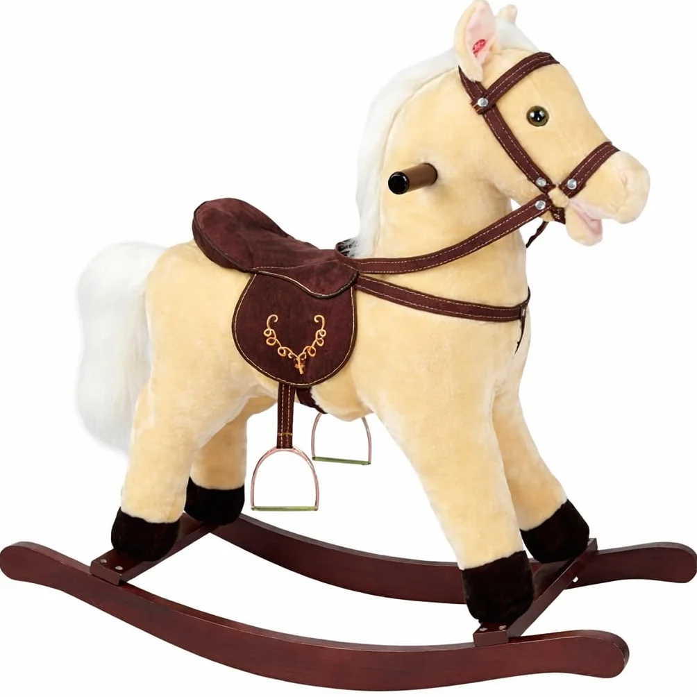 Cavallo a Dondolo per Bambini in Peluche con Suoni, Morbido e Interattivo con Struttura in Legno Sella e Staffe Giocattolo Sicuro per Divertimento e Relax Idea Regalo 74x30x70 cm.