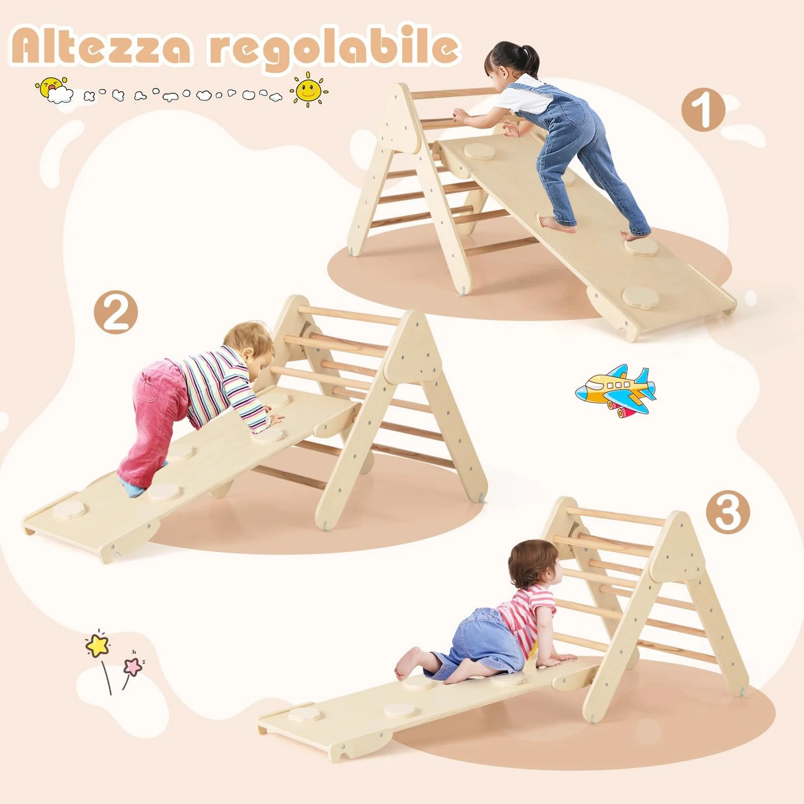 COSTWAY 4 in 1 Set da Arrampicata per Bambini, Giocattoli da Arrampicata a Triangolo con Triangolo Arco e Salita, Ideale per Bambini 1 Anni + (Naturale)