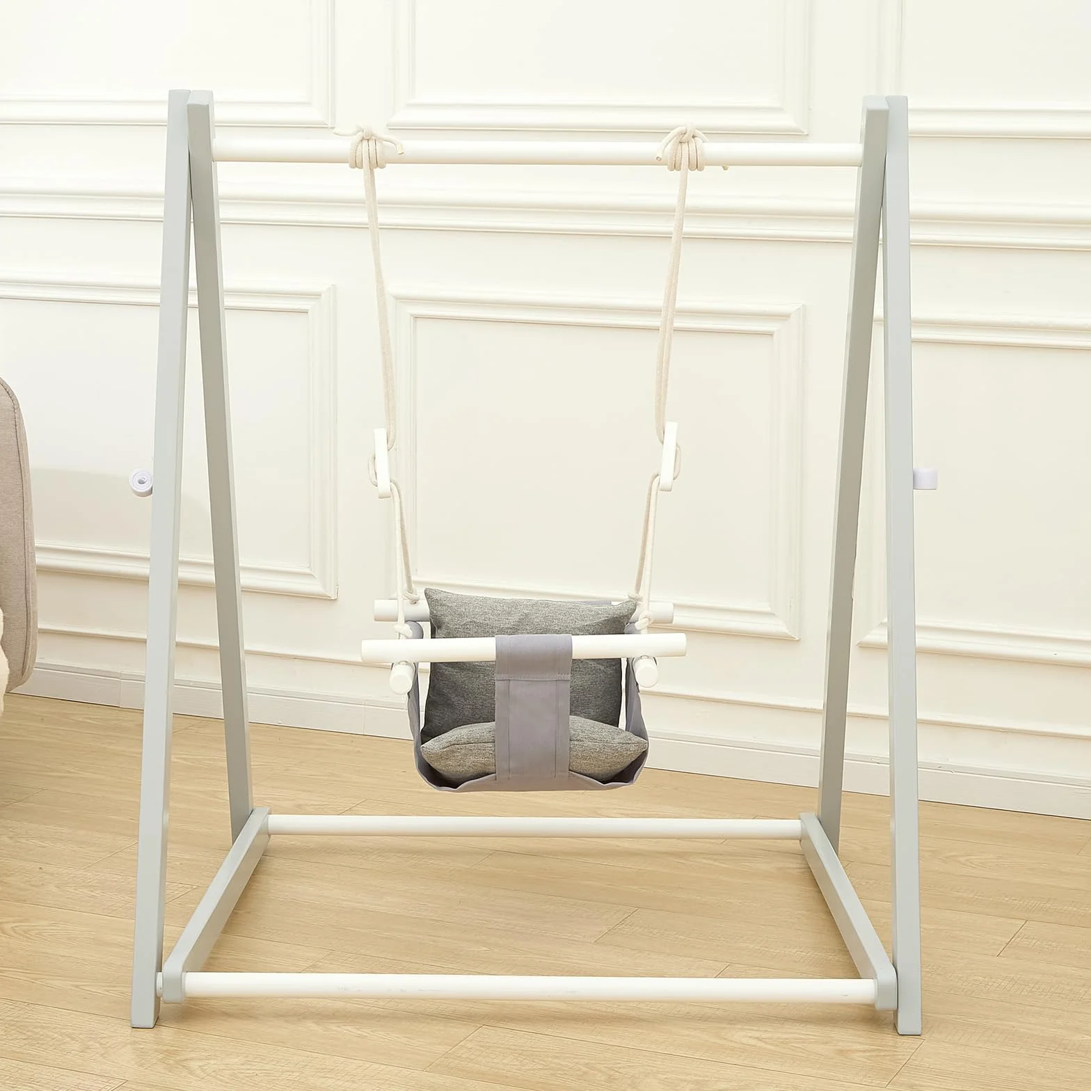 FUNLIO Altalena in legno per bambini dai 6 ai 36 mesi, set altalena pieghevole con 4 sacchi di sabbia, altalena per bambini, per interni ed esterni, colore grigio