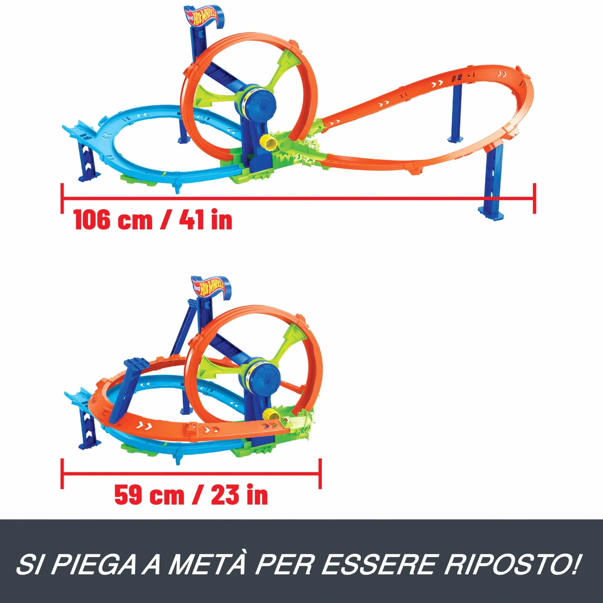 Hot Wheels - Pista Loop Rotante, playset con zona scontro su pista a forma di 8 e loop a propulsione, include una macchinina in scala 1:64, giocattolo per bambini, 3+ anni, JBX65