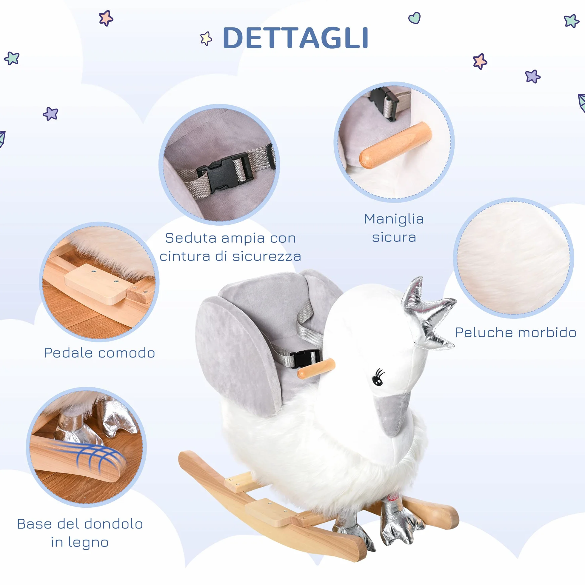 HOMCOM Cavallo a Dondolo per Bambini a Forma di Cigno, Dondolo Giocattolo Cavalcabile per Bambini 18-36 Mesi (Max 40kg), in Legno di Pioppo e Peluche, Bianco e Grigio