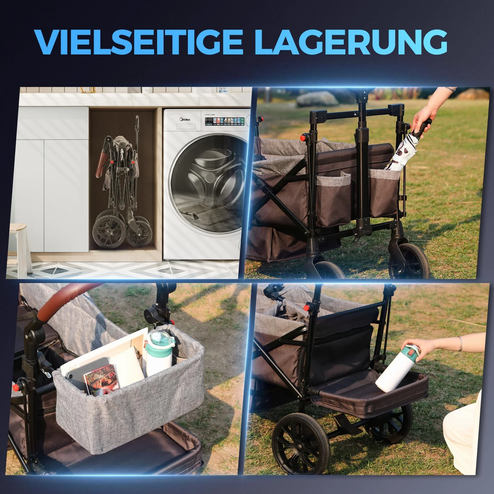 Carrozzina pieghevole per 2 bambini, con tetto e vassoio rimovibile, porta con chiusura lampo, cintura a 5 punti, manico regolabile, carrello con sedile, trascinamento e scorrimento