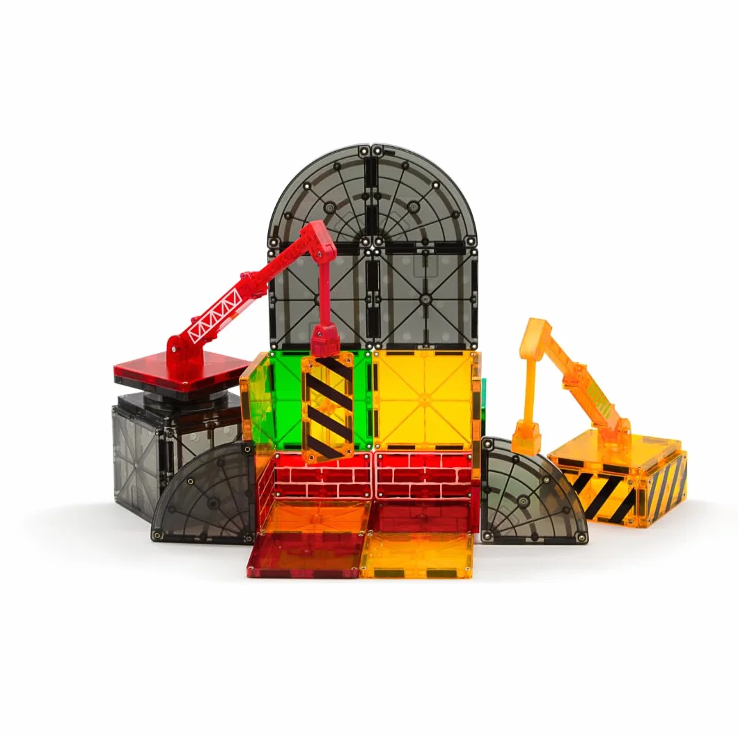 Magna-Tiles Builder - Cassetta magnetica da 32 pezzi, con pannelli stradali, gru e veicoli, dai 3 anni in su, giocattolo STEAM per la costruzione creativa, kit compatibile