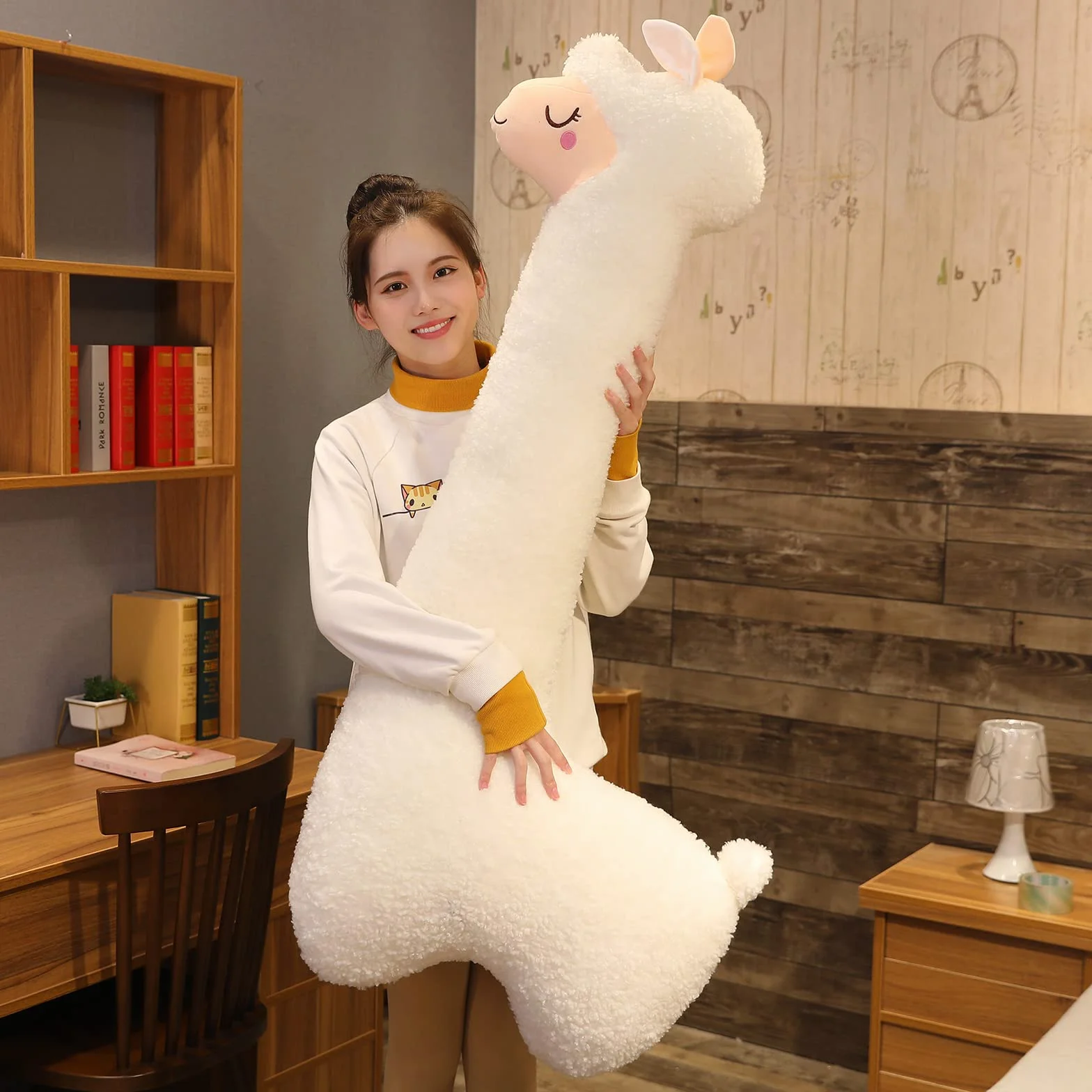Alpaca - Peluche a forma di alpaca, con collo lungo, morbido cuscino in alpaca, a collo lungo, morbido peluche (bianco, 130 cm)