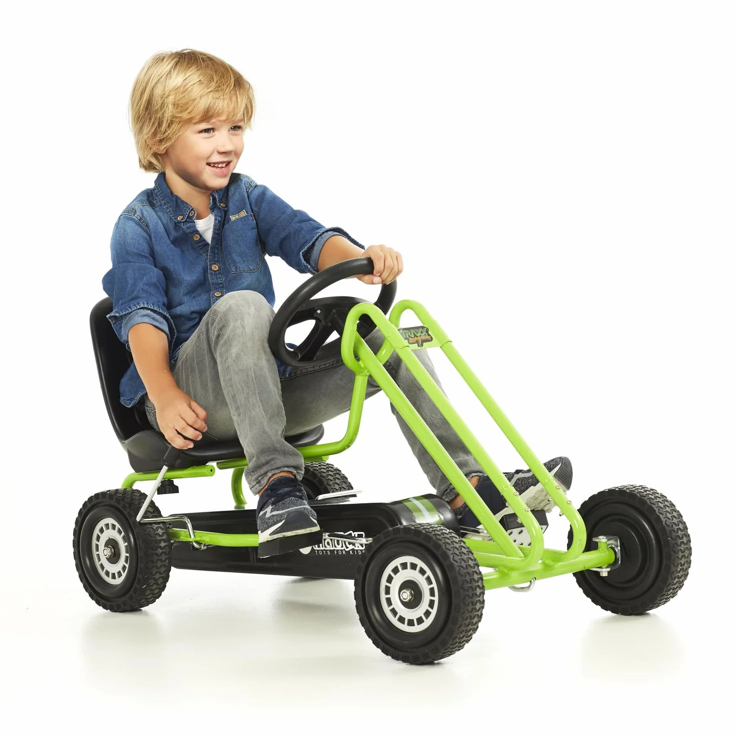 Hauck Go Kart Lightning - Macchina Cavalcabile per Bambini con Freno a Mano, Sedile Regolabile, Ruote in Gomma, Verde, fino a 50 Kg