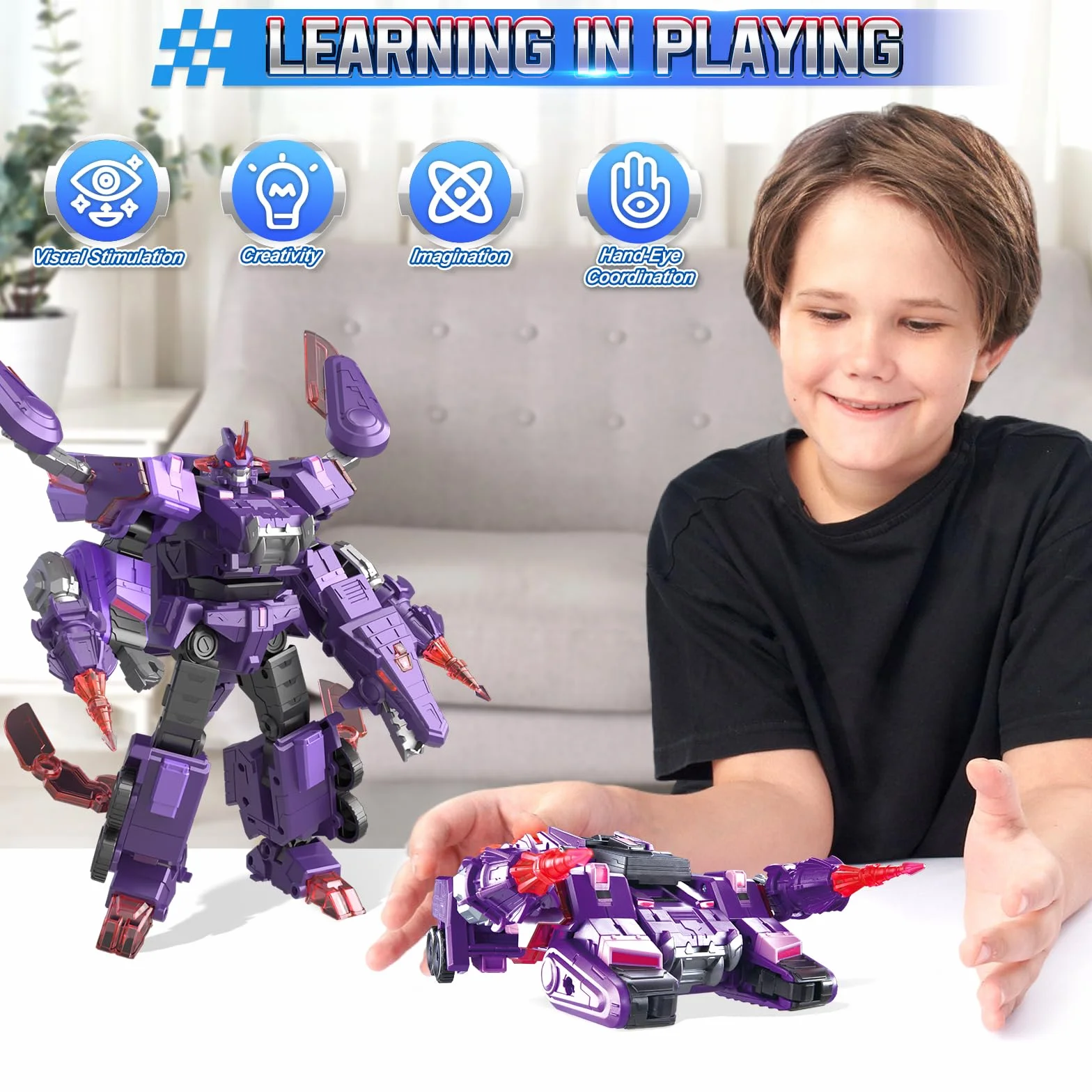 QUANTUM HEROES DINOSTER Robot trasformabile 3 in 1 Mosa Storm, 8,66 pollici, giocattoli robot per bambini, carri e robot trasformatori per bambini e bambine di 5 6 7 8 9 10 anni, viola