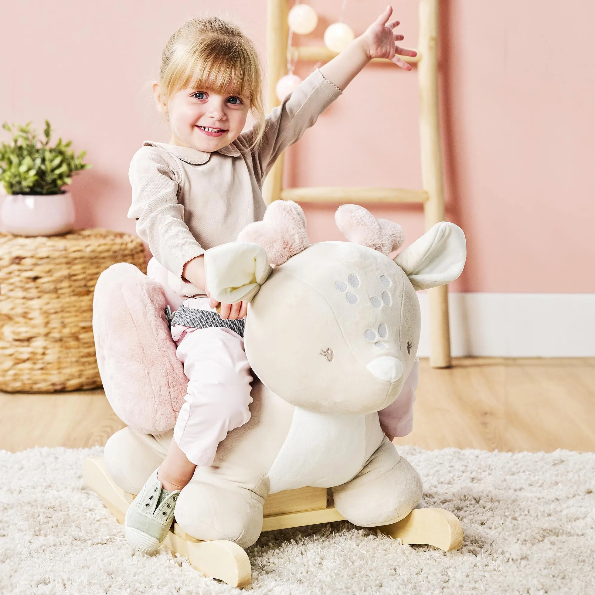 Nattou Animale a Dondolo, Cerbiatto, Cintura di Sicurezza Inclusa, Allegro Dondolio Avanti e Indietro, 100% Poliestere, FanFan, Beige