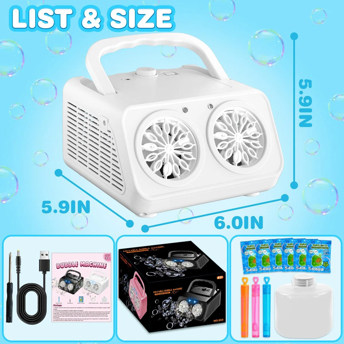Macchina Bolle di Sapone, Spara Bolle di Sapone Automatico, 22000+ Bolle al Minuto, 2 Velocità, Giochi da Esterno per Bambini, Compleanno Gadget Matrimonio (Bianco)