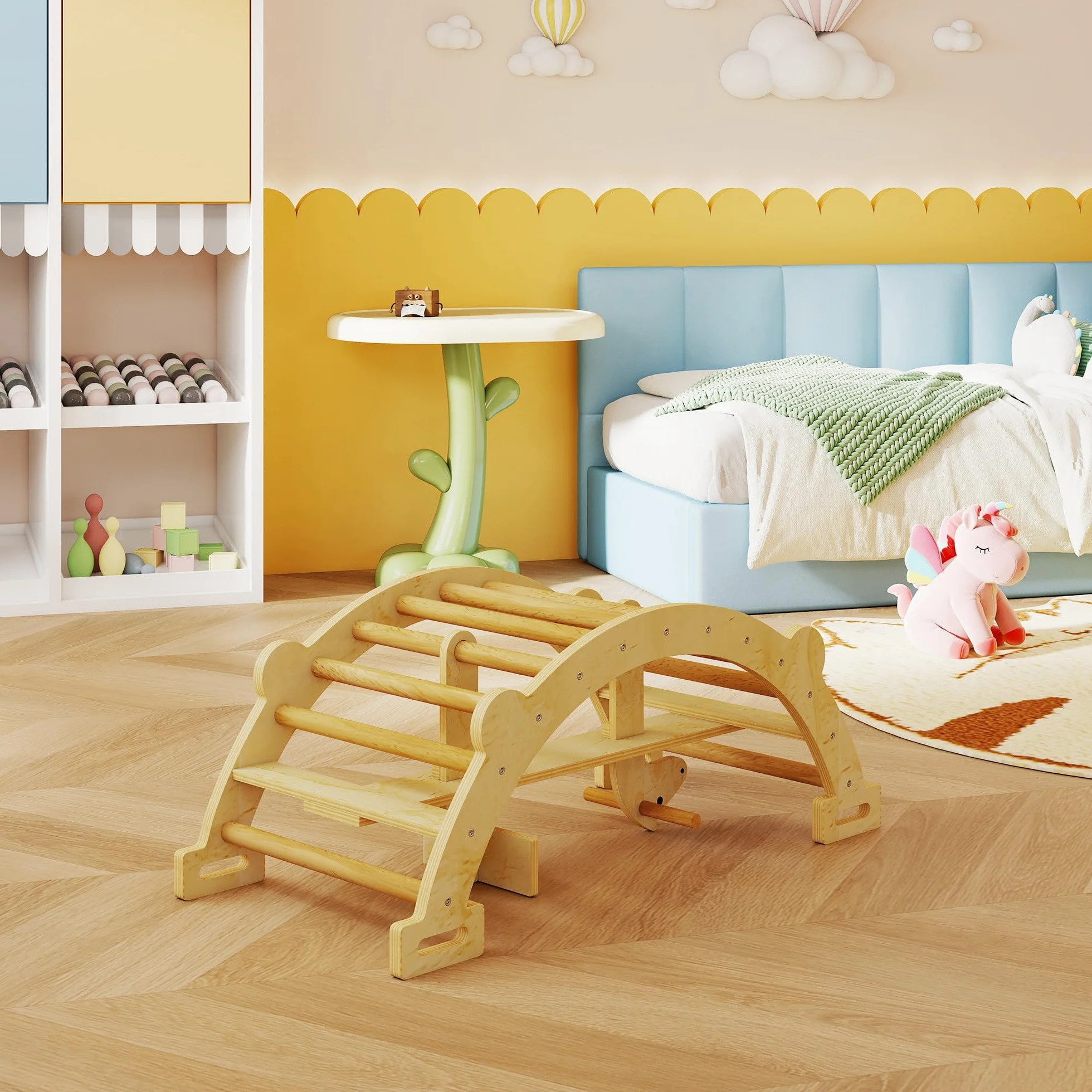 AIYAPLAY Arco Montessori per Bambini 2-4 Anni Convertibile in Dondolo, Gioco Arrampicata in Legno, 110x52x45 cm, color Legno