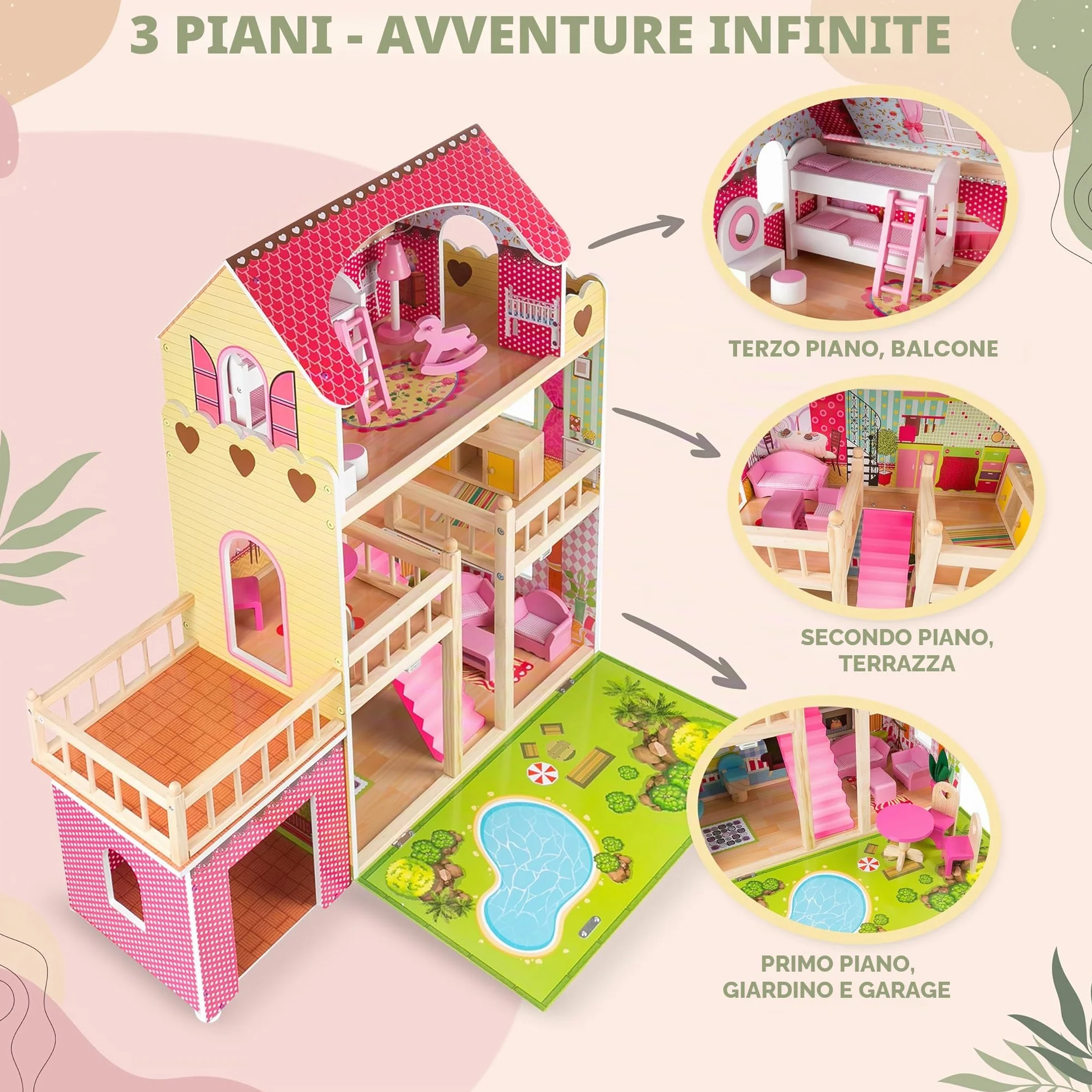 Kinderplay Green Series Casa delle Bambole in Legno – Villa a 3 Piani con LED, Giardino e Garage – Arredi Inclusi – 90x60x90 cm – Modello GS0020