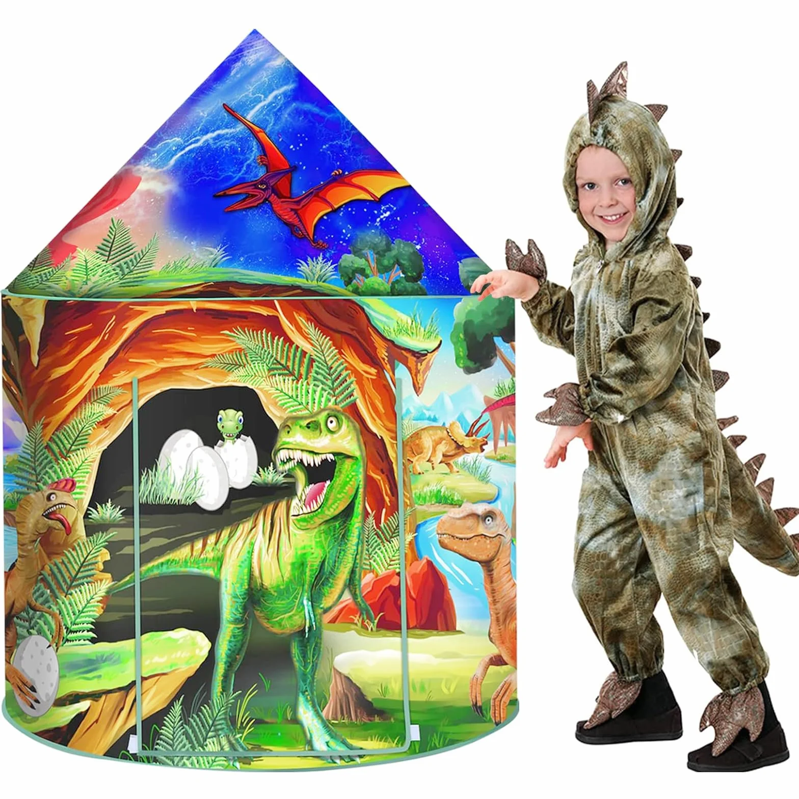 Dinosauro Tenda per Bambini Casetta Bambina Bambino Pop Up Capanna per Bambini Esterno Interno Portatile con Dinosauri Adesivi Casette Giochi Bambini