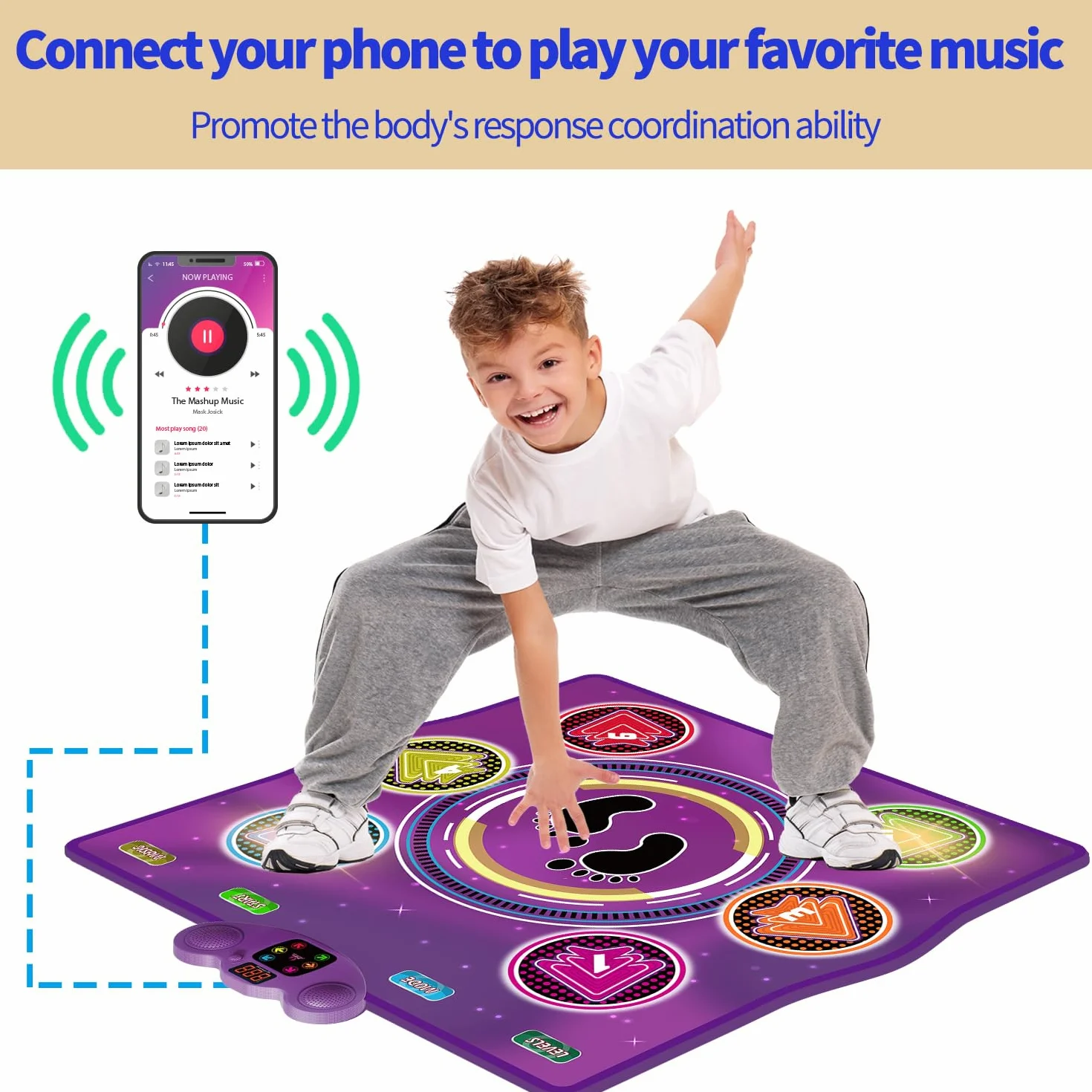 Tappeto da Ballo Musicale elettronico aggiornato con 6 Tasti Luminosi, 6 modalità di Gioco, Supporta Musica da Cellulare, Ideale per Bambini 3-12 Anni, Compleanni