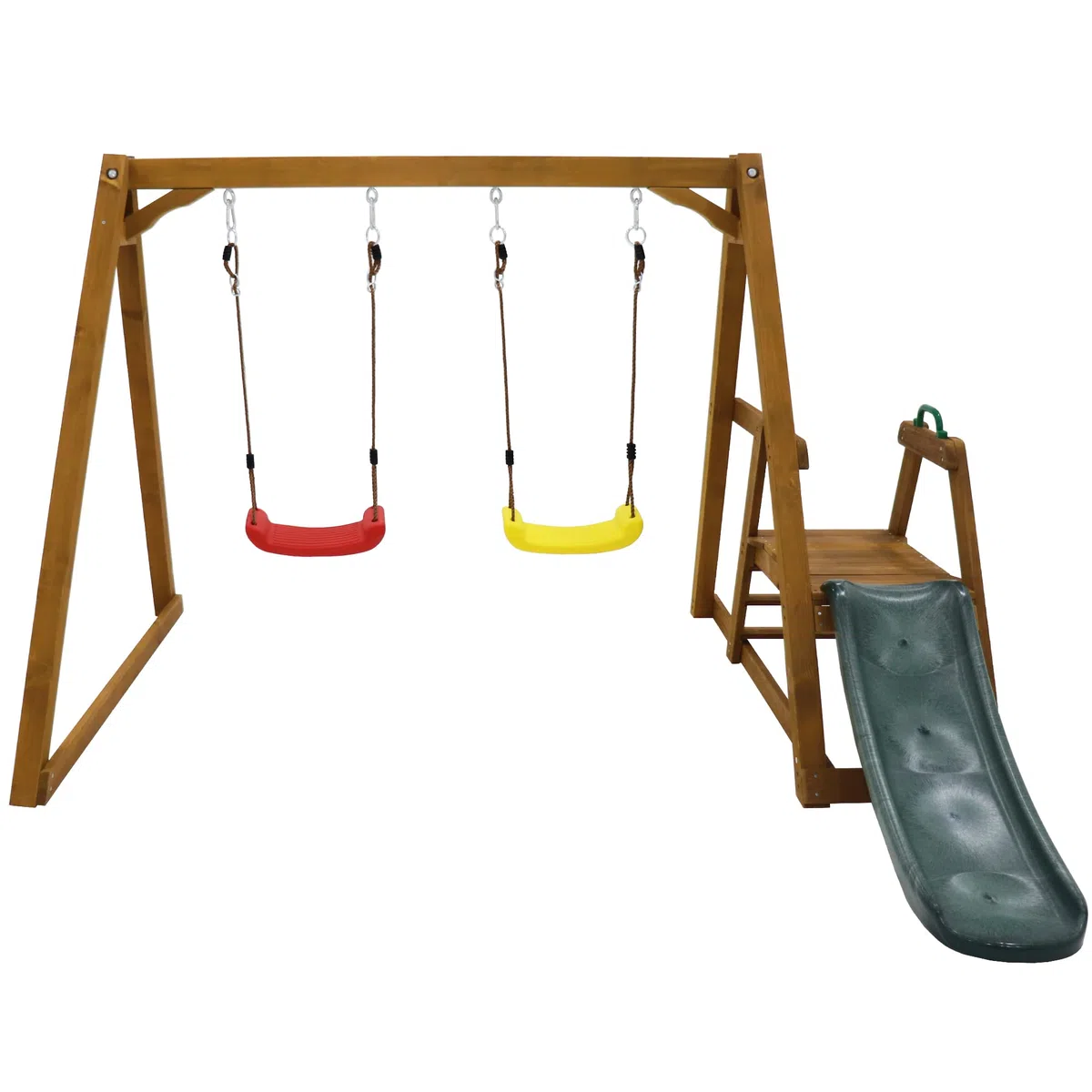 Altalena Doppia per Bambini con Scivolo e Scaletta, Struttura in Legno Massello per altalena da Esterno, Altalena per Due Persone 238,5 x 240 x 168,9 cm
