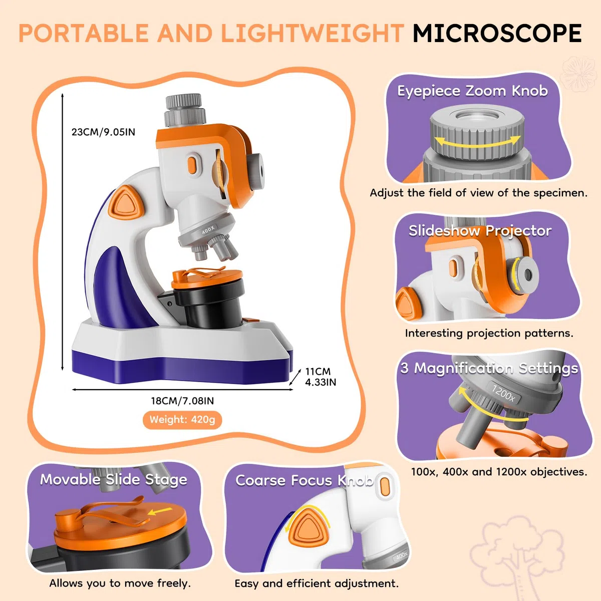 MAXLAPTER Microscopio per Bambini 1200X con Proiettore: Microscopio con Vetrini Preparati e Borsa per la Conservazione - Regali di Scienza Edu per Bambini Principianti di 8-12 Anni (Arancione-Viola)