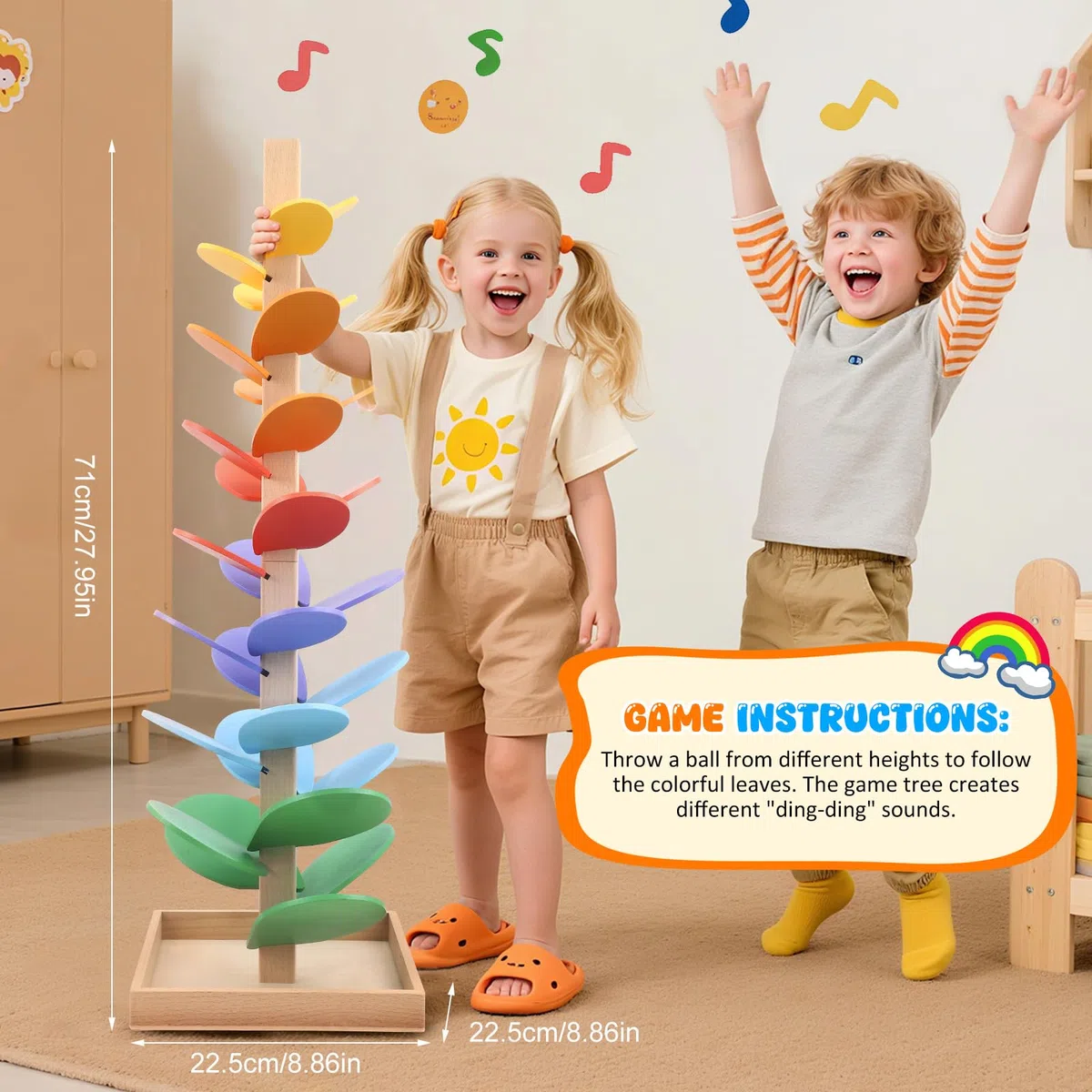 Pista a sfera in legno, 72 cm, albero sonoro arcobaleno, giocattolo educativo per bambini con 10 palline arcobaleno, 8 livelli colorati, giocattolo creativo in legno per bambini 3-7 anni