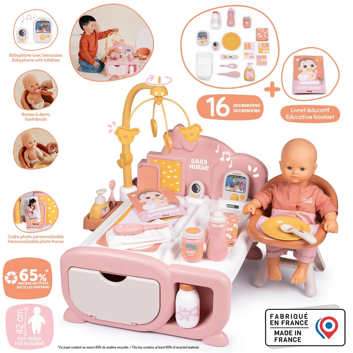 Smoby Baby Nurse Cocoon Nursery per neonati 42 cm accessori gioco materiale riciclato 3+ Francia