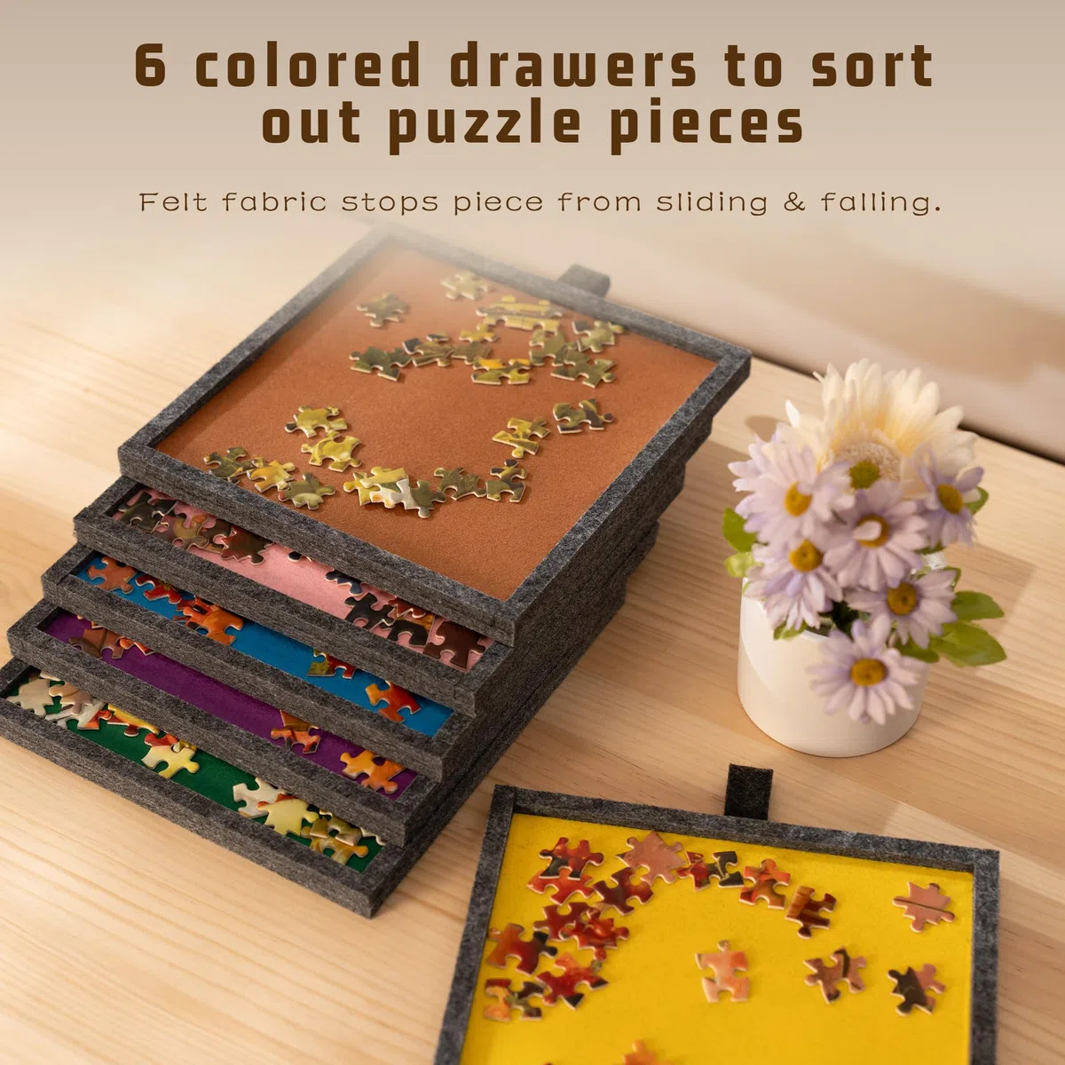 Tektalk Tavolo puzzle pieghevole con coperchio, 3 angoli di inclinazione, in feltro leggero e portatile, con 6 cassetti di classificazione, per fino a 2000 pezzi, grigio scuro