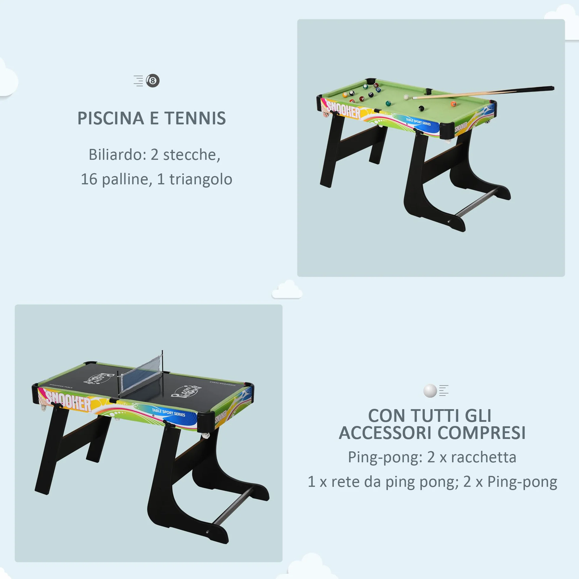 HOMCOM Tavolo da Gioco 4 in 1 per Calcio-Balilla, Biliardo, Air Hockey e Ping Pong con Accessori Inclusi, Tavolo Multigioco Pieghevole in MDF e Plastica, Multicolore