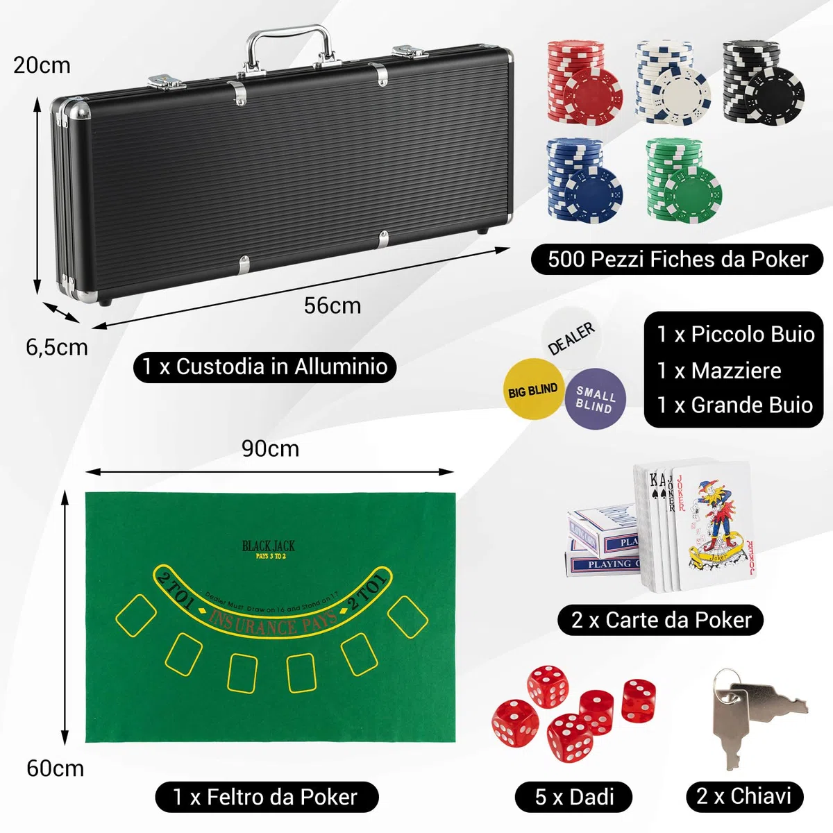 COSTWAY Chips Poker Set da Poker di 500 Chips, Inclusi 2 Mazzi di Carte da Poker 5 Dadi 1 Pulsante Dealer Valigetta in Alluminio (Argento)