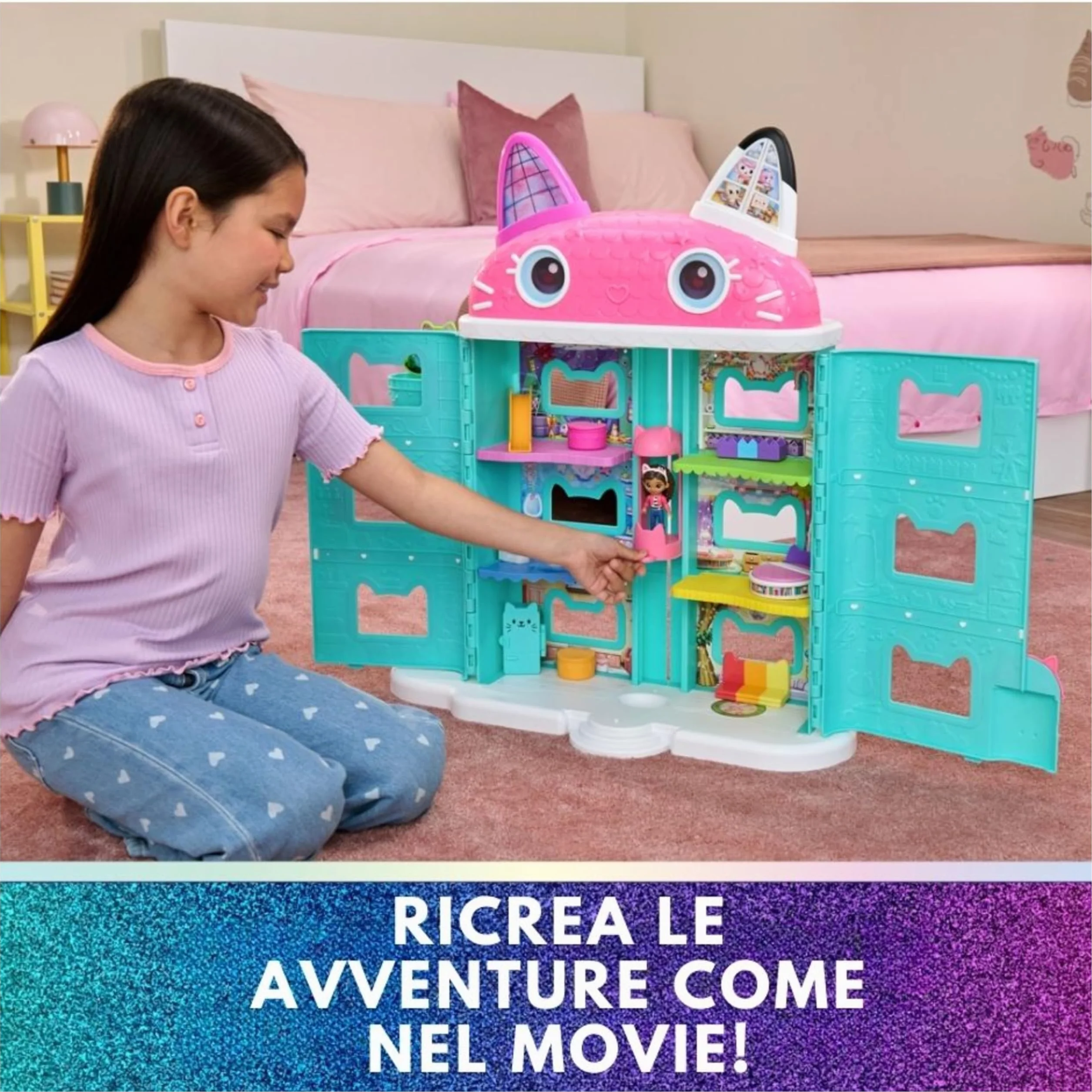 Gabby's Dollhouse The Movie, la Casa delle Bambole di Gabby a Tema Movie, Con Occhi Lenticolari, Personaggi e Mobili per la Casa delle Bambole, Alta 60 cm, 3+ Anni