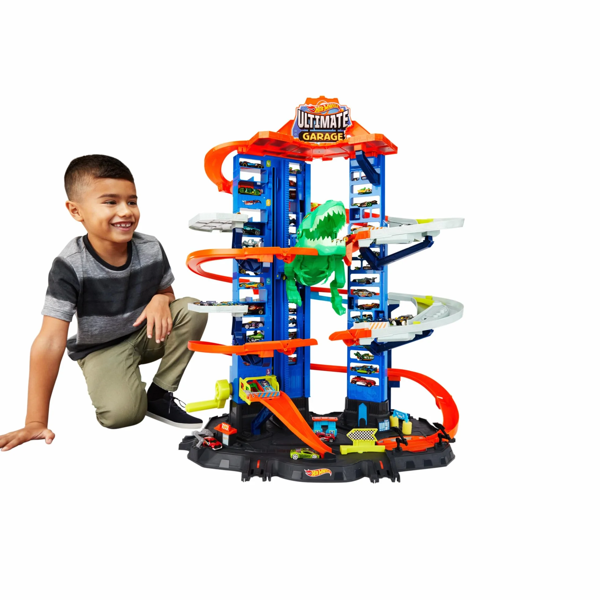 Hot Wheels City Robo T-Rex Ultimate Garage Modalità multigiocatore a più livelli per riporre auto in scala 100 plus 1 64, idea regalo per bambini dai 5 anni in su, GJL14