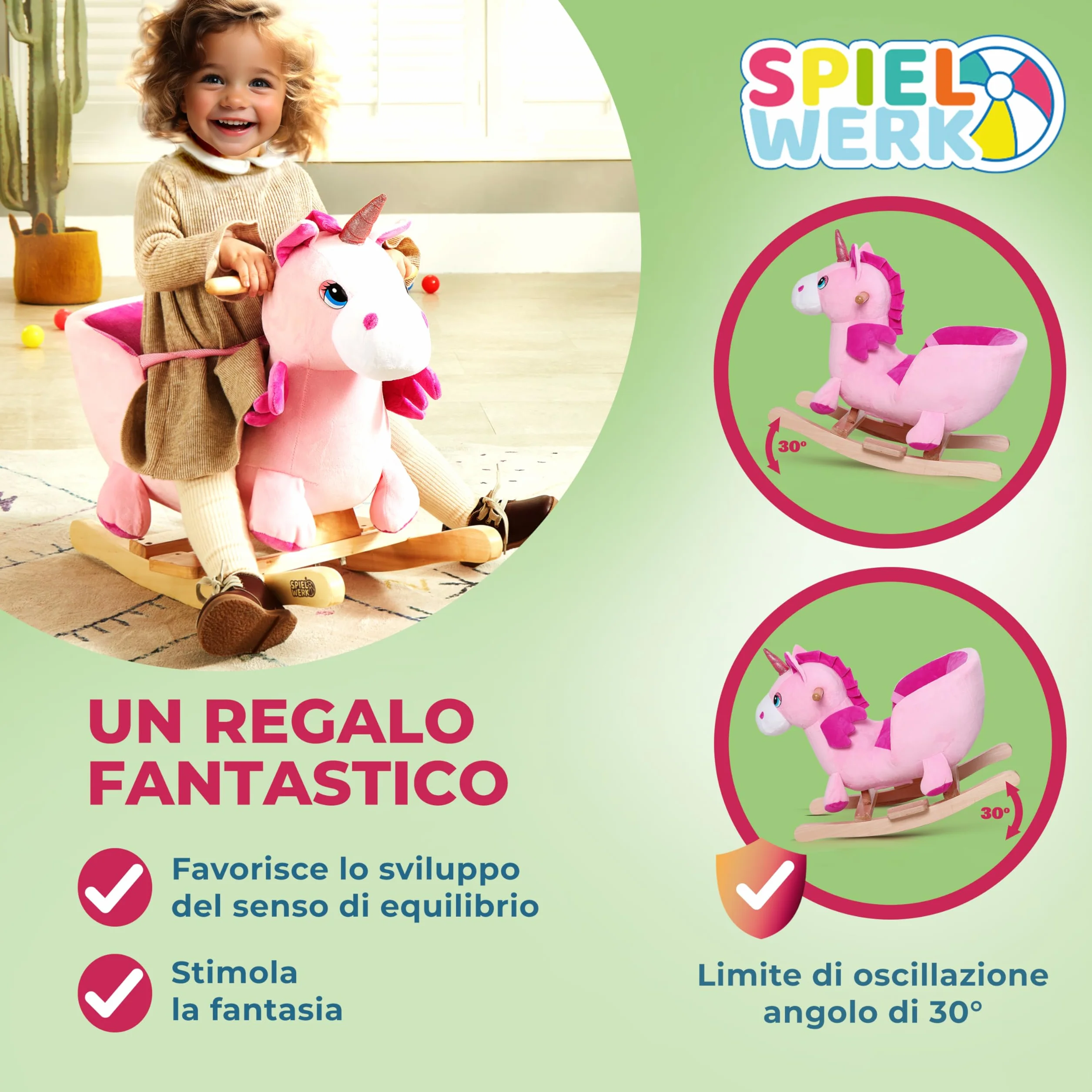 DEUBA® Unicorno Rosa Peluche a Dondolo Legno con Suoni Cintura di Sicurezza Giochi Infanzia Bambini Giocattolo Regalo