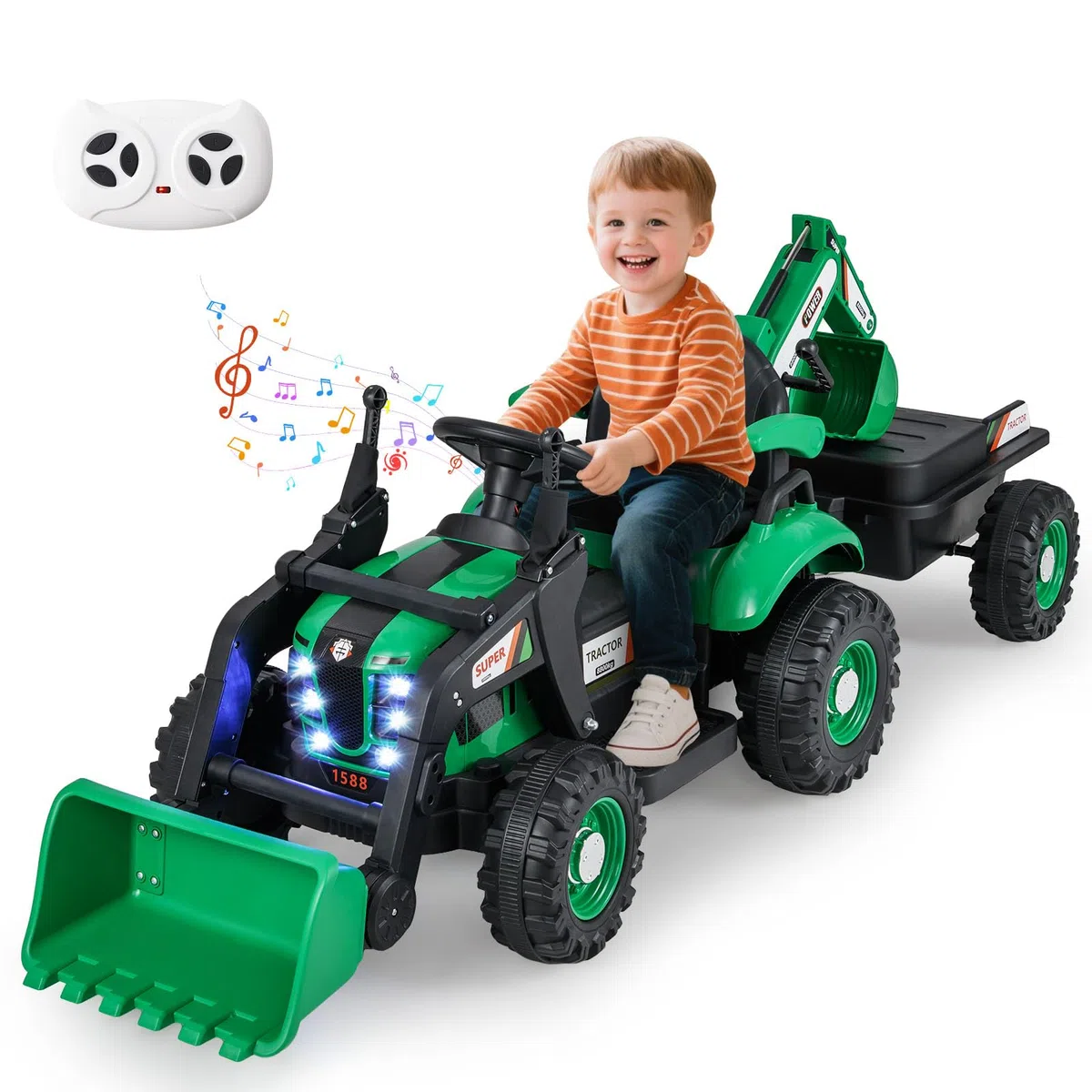 RELAX4LIFE Trattore Elettrico 4 in 1 per Bambini, Escavatore e Bulldozer con Rimorchio, Pala e Ruote Antiscivolo, Veicolo da Cantiere con Sedile Regolabile, Luci LED per Bambini di 3+ Anni (VERDE)